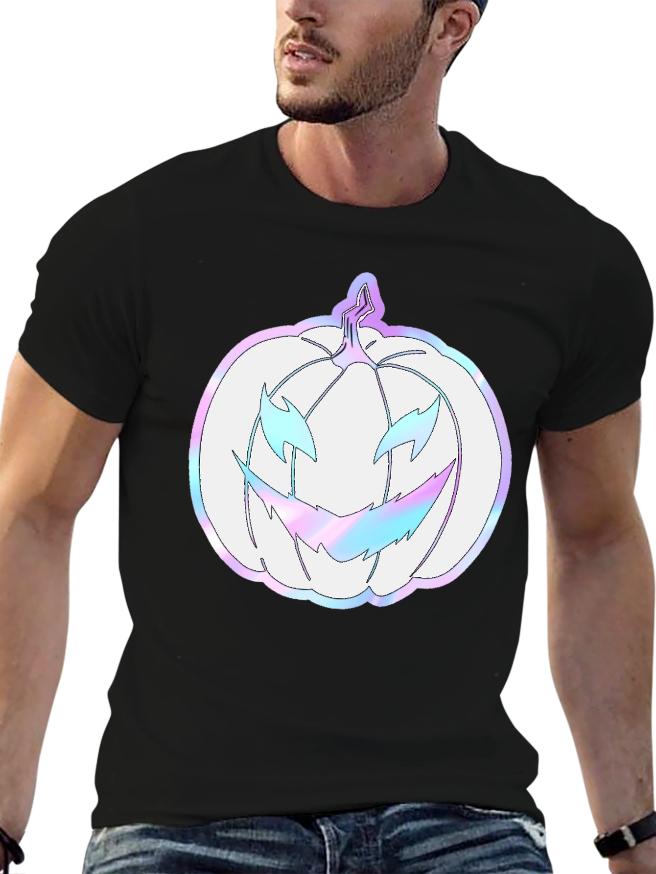 Spooky Season Tee: Holographic Pumpkin Graphic Shirt