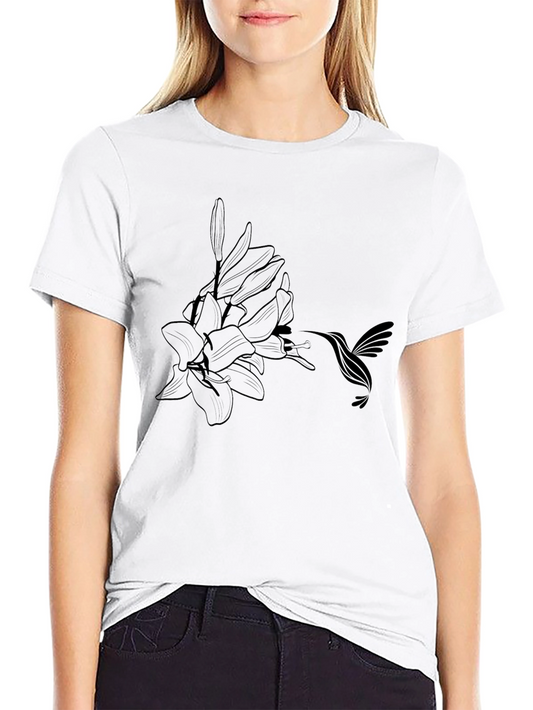 Hummingbird & Flower Graphic Black T-Shirt