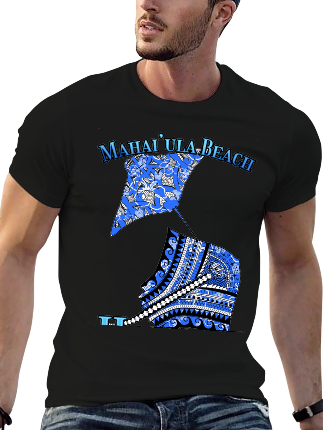 MahaiUla Beach Graphic Tee - Black Cotton T-Shirt