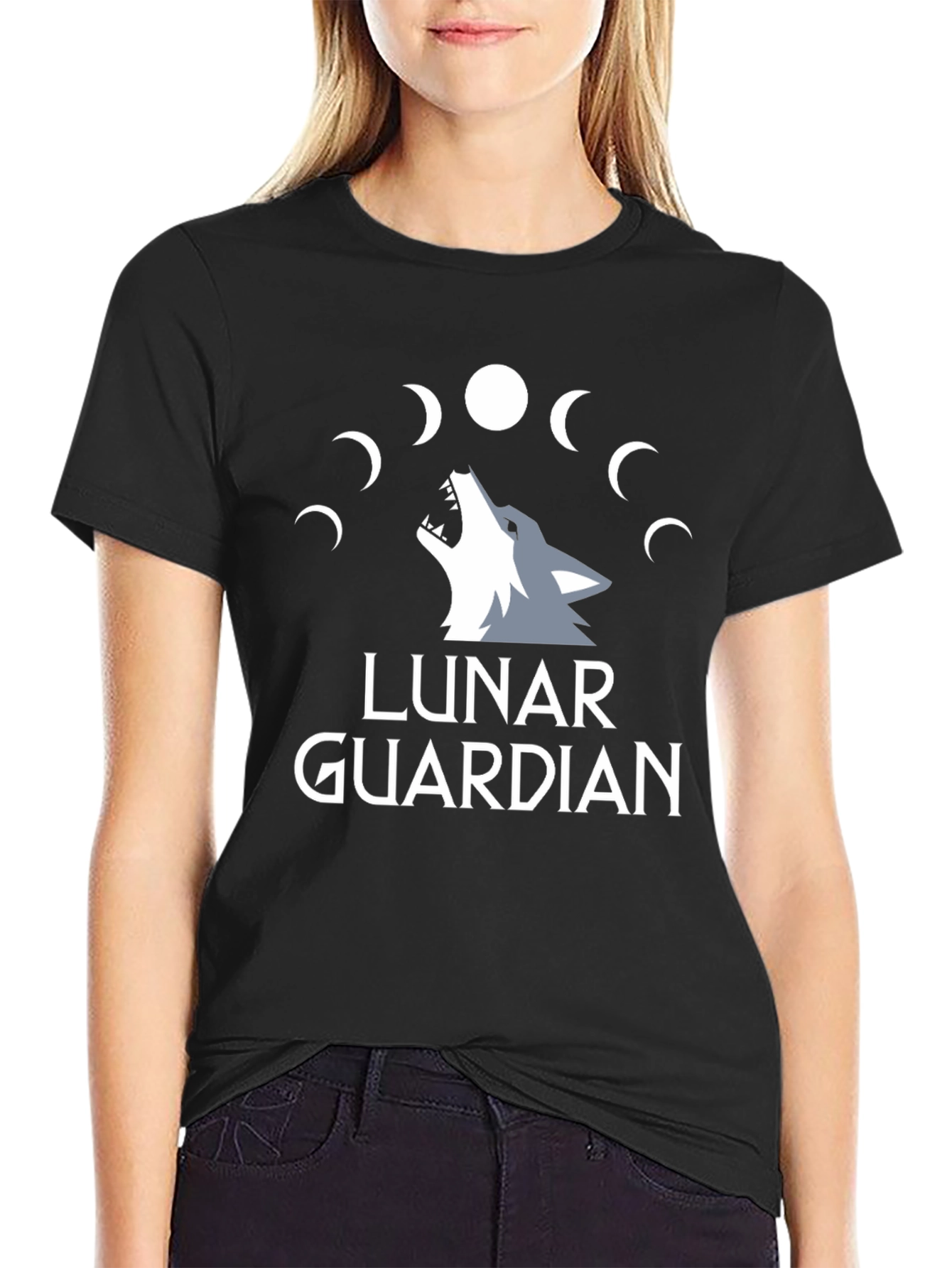 Lunar Guardian Wolf Graphic Tee - Black Cotton T-Shirt