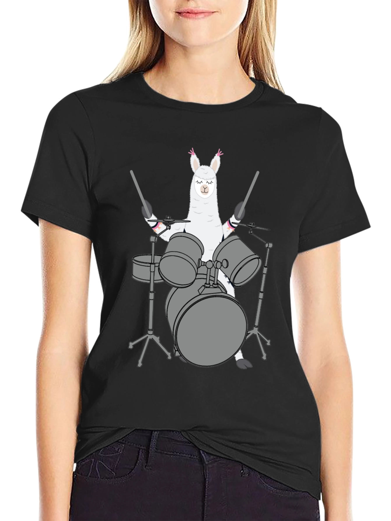 Llama Drummer Black T-Shirt
