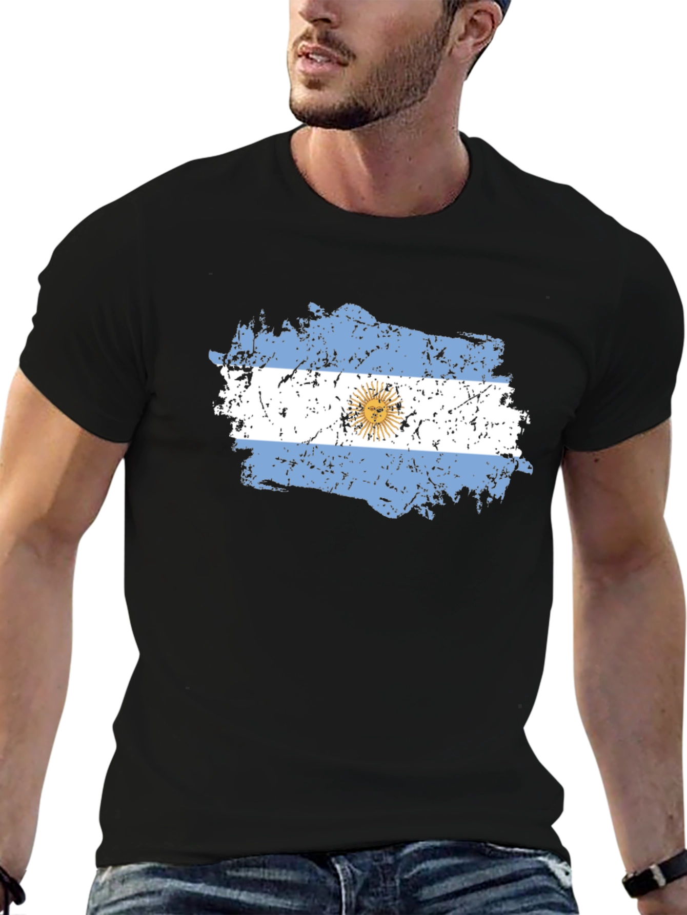 Argentina Flag Distressed Black T-Shirt