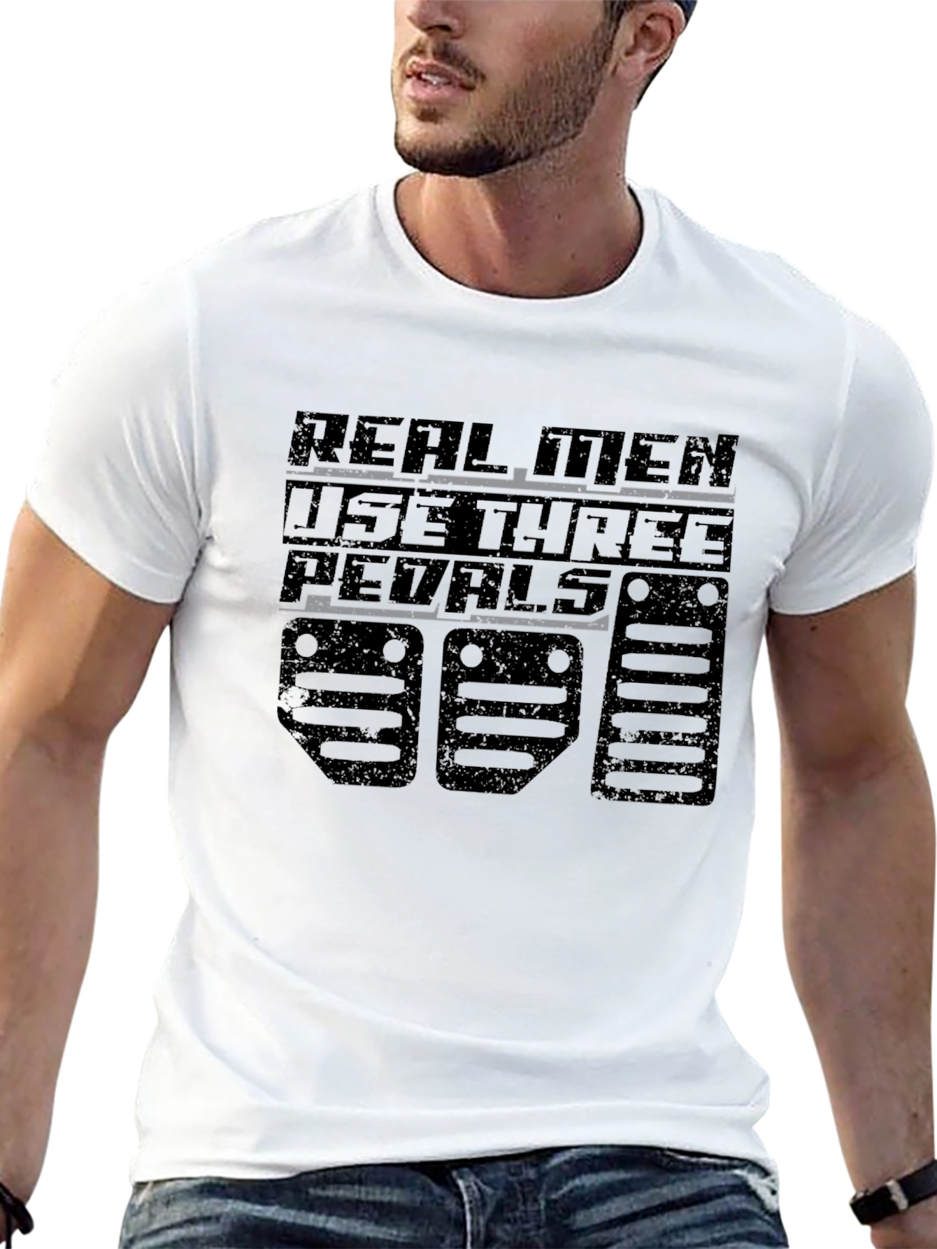 Real Men Use Three Pedals Black Graphic Tee