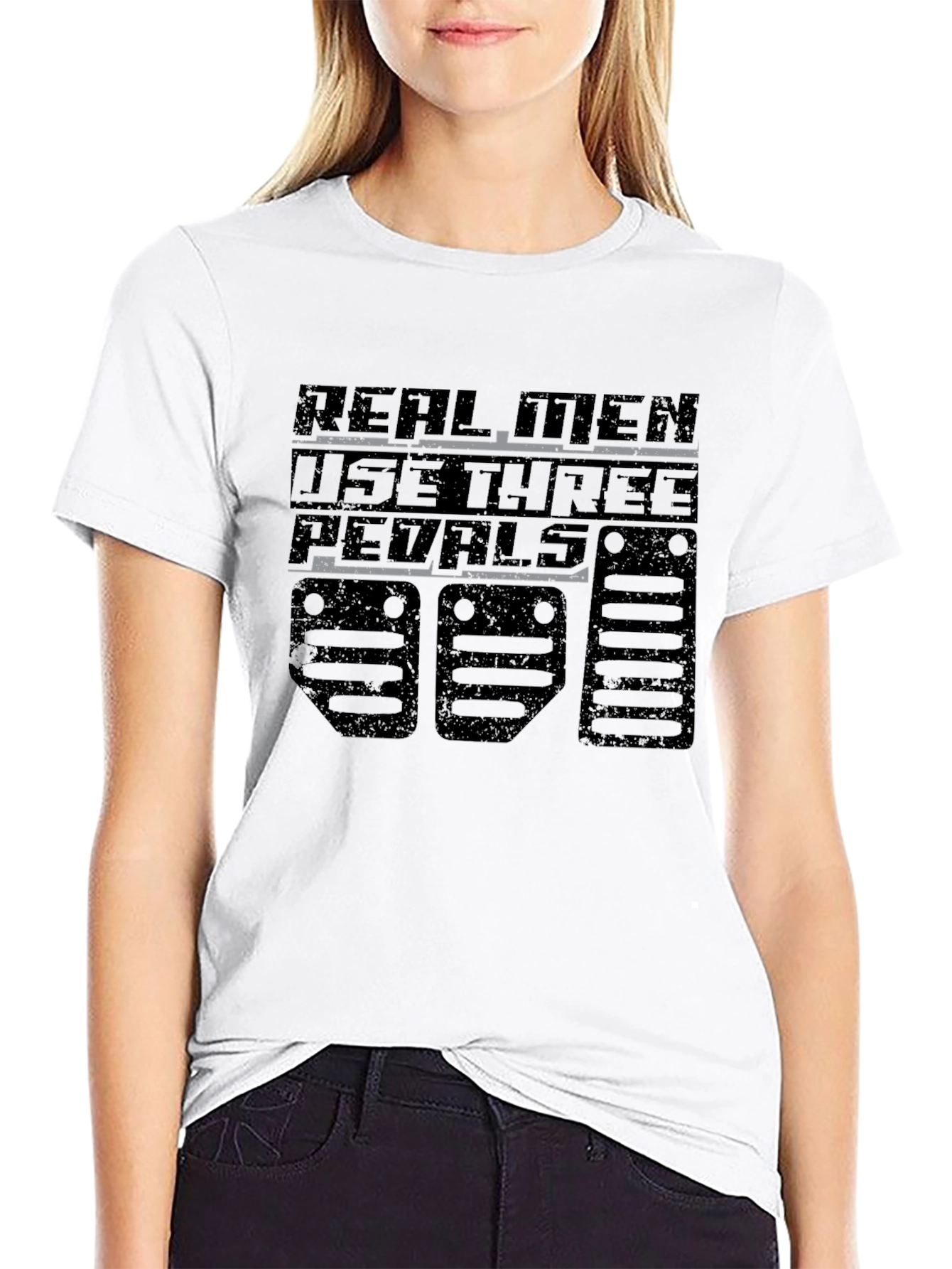 Real Men Use Three Pedals Black Graphic Tee