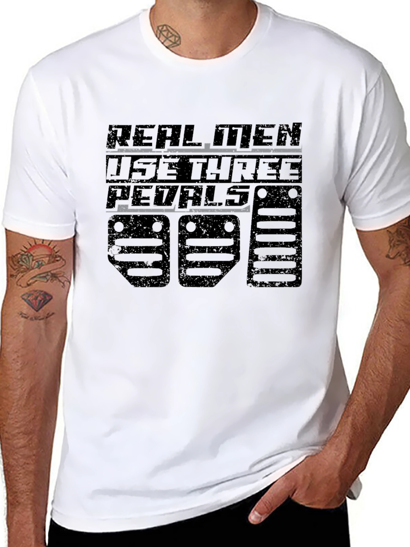 Real Men Use Three Pedals Black Graphic Tee