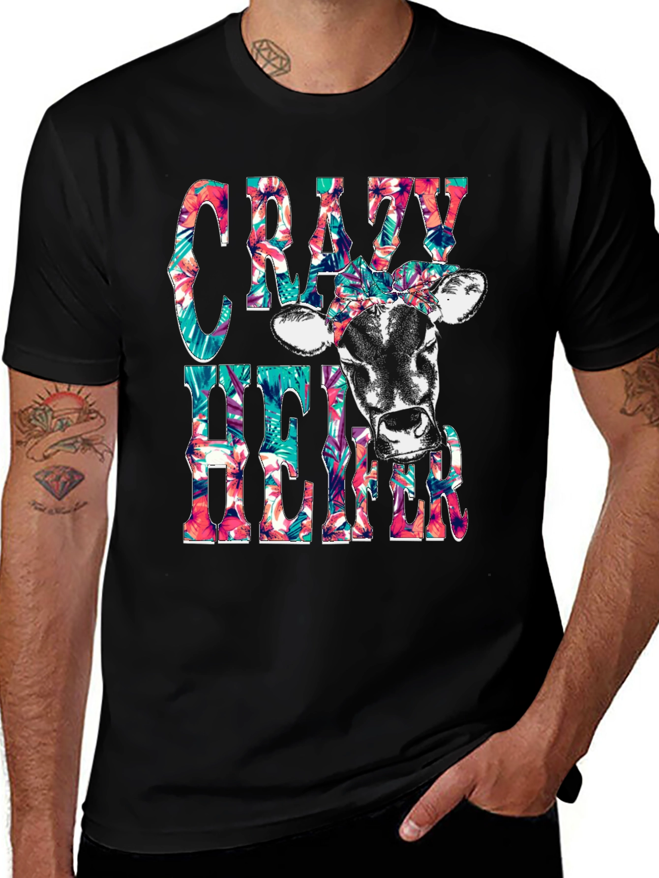 Crazy Heifer T-Shirt: Floral Cow Graphic Tee