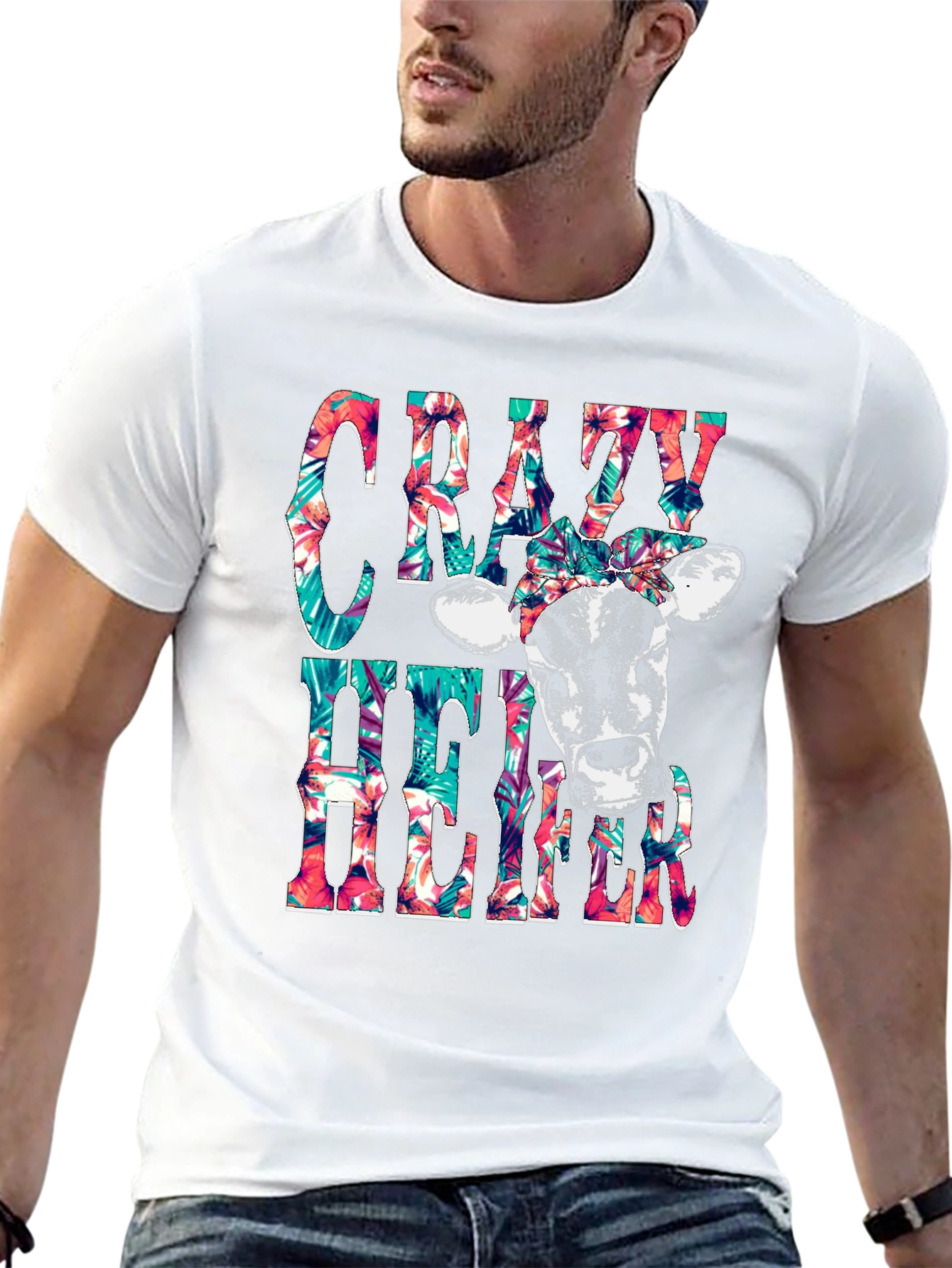Crazy Heifer T-Shirt: Floral Cow Graphic Tee