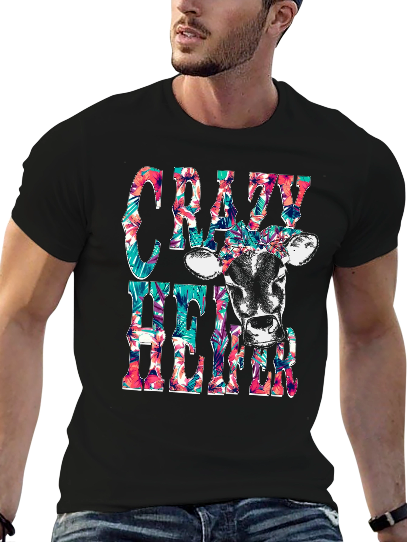 Crazy Heifer T-Shirt: Floral Cow Graphic Tee