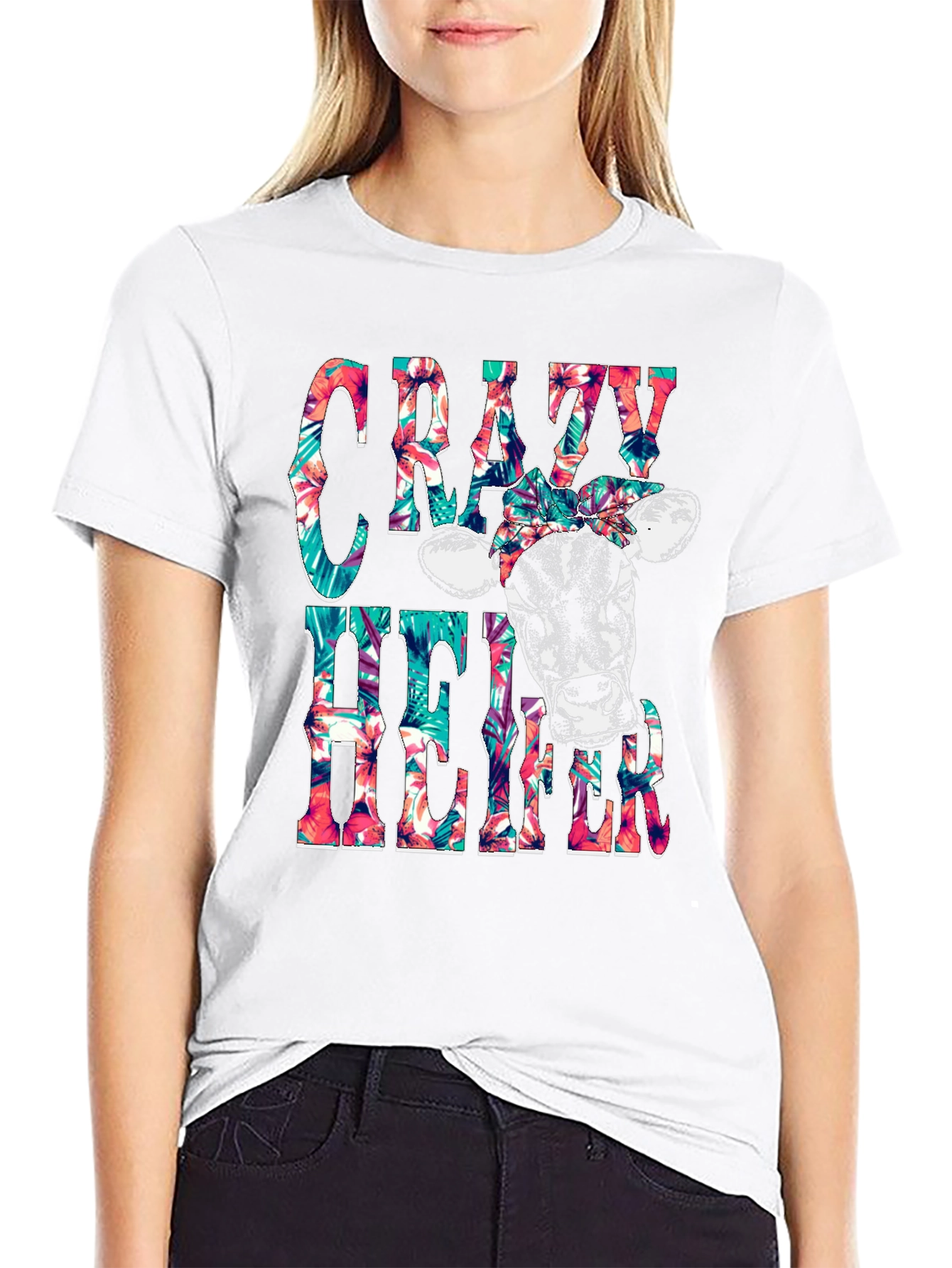 Crazy Heifer T-Shirt: Floral Cow Graphic Tee