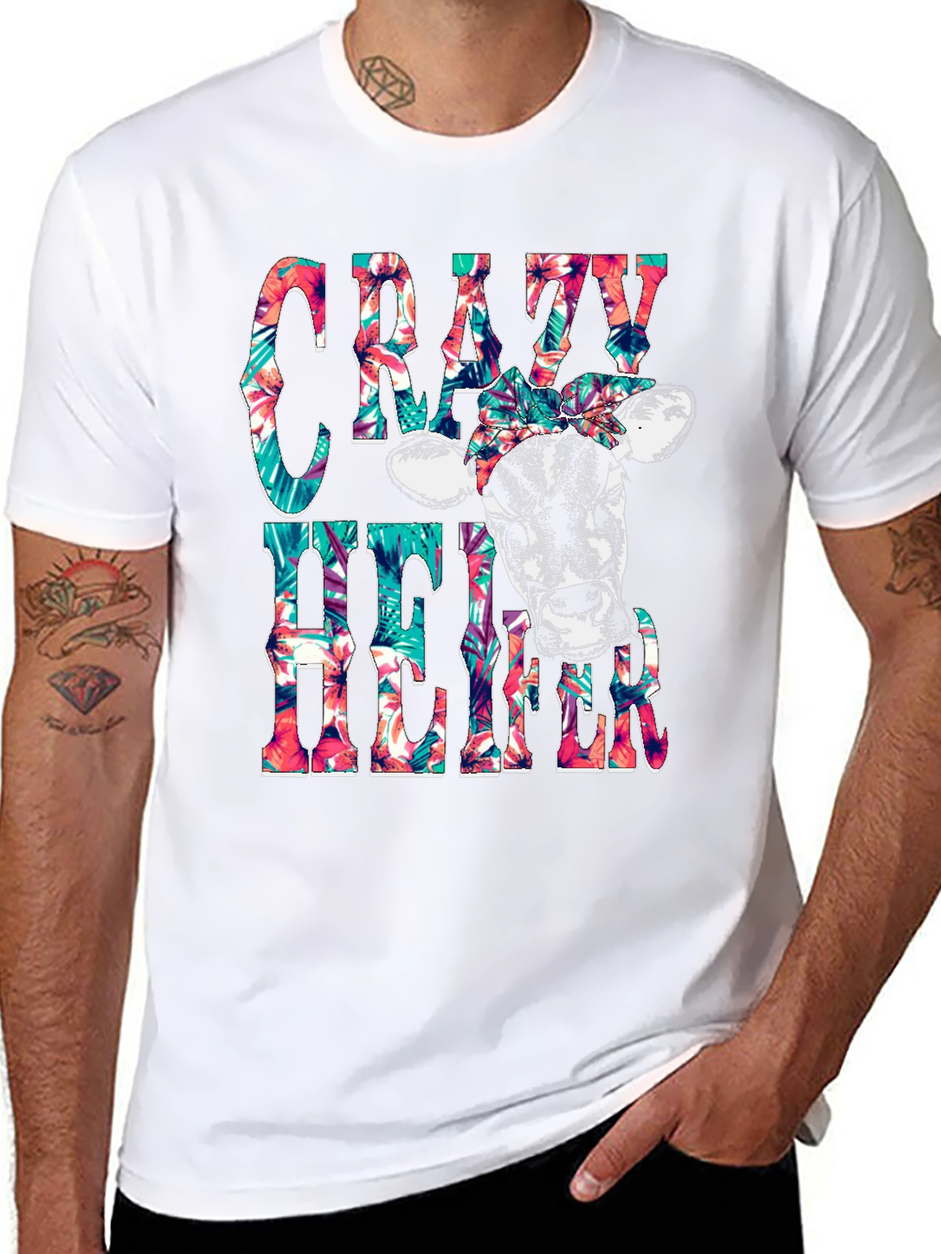 Crazy Heifer T-Shirt: Floral Cow Graphic Tee
