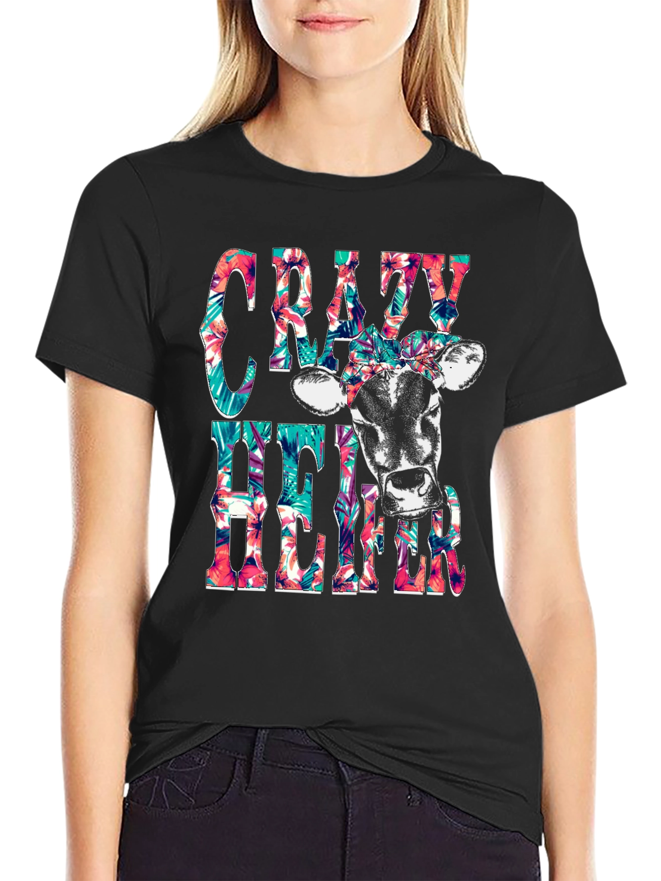 Crazy Heifer T-Shirt: Floral Cow Graphic Tee
