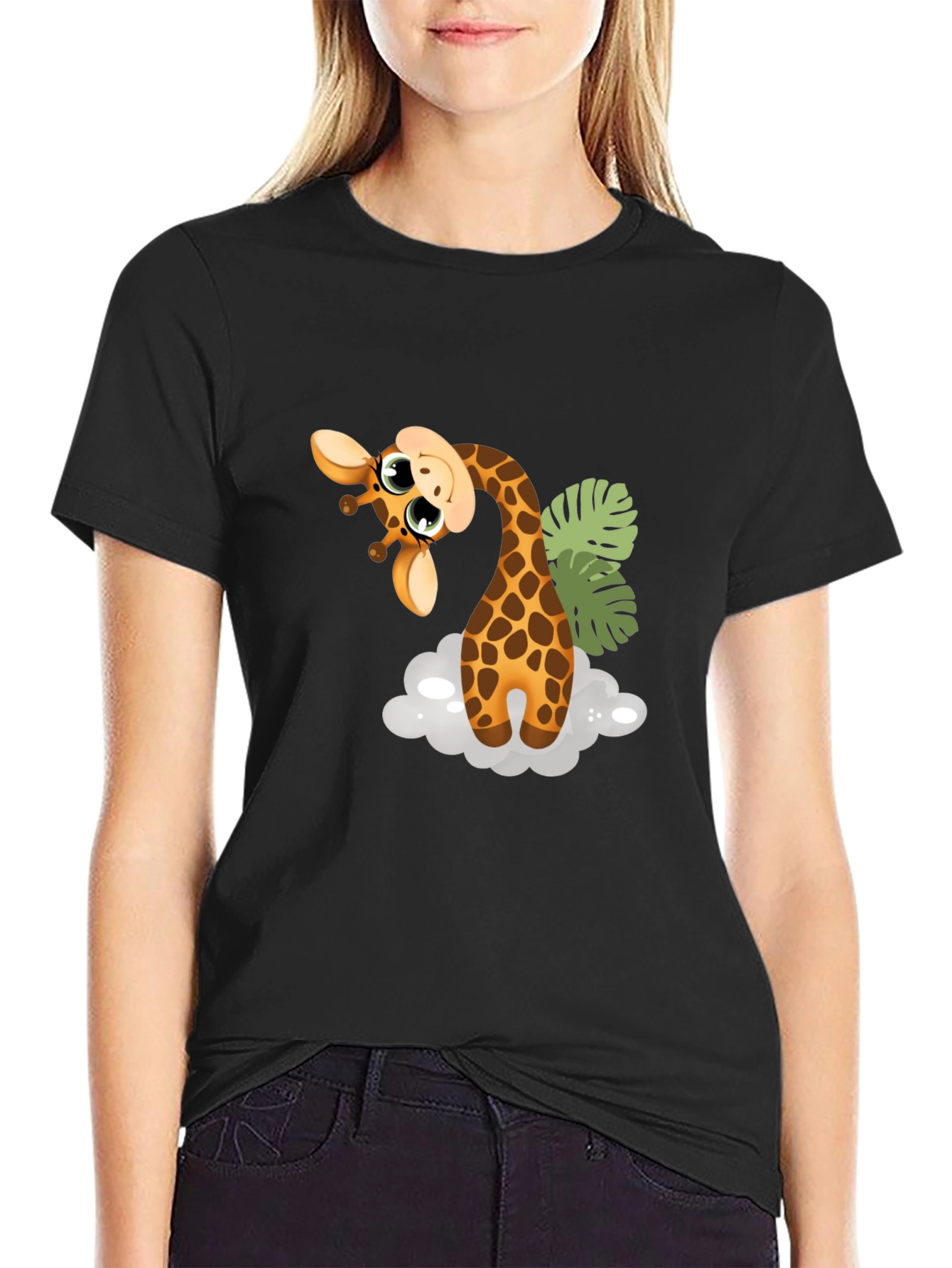 Cute Giraffe Graphic Tee - Black Cotton T-Shirt