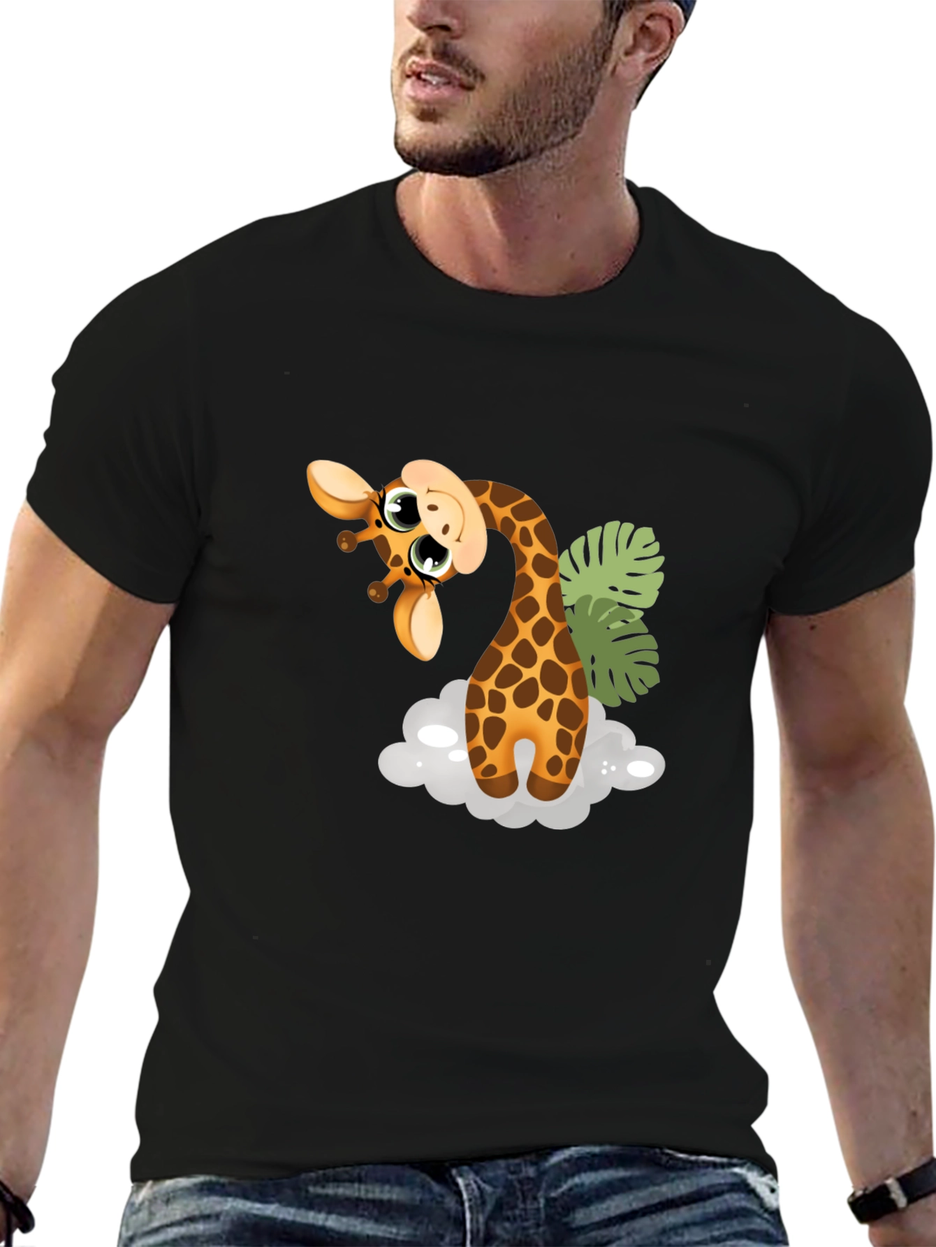 Cute Giraffe Graphic Tee - Black Cotton T-Shirt