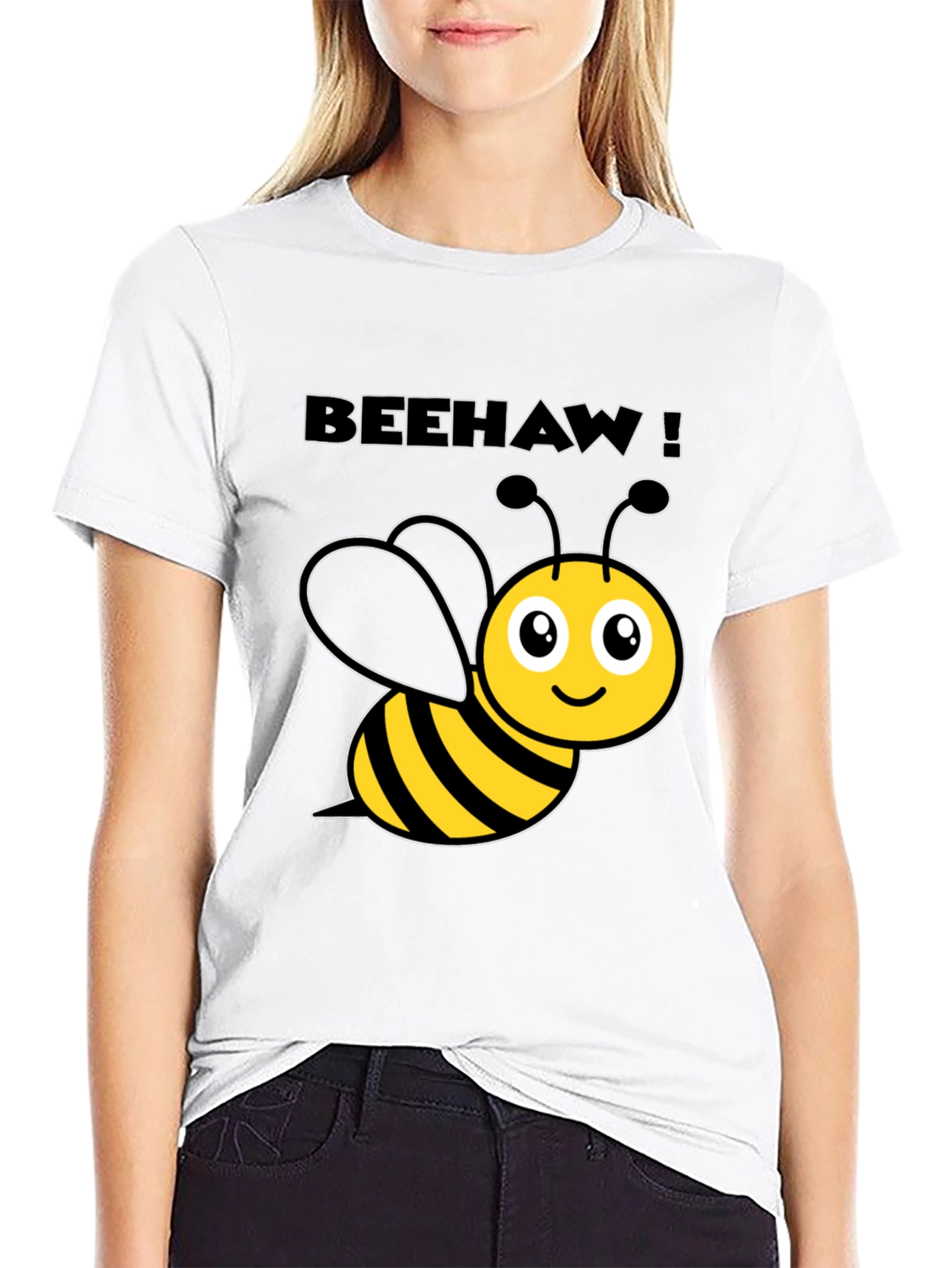 Beehaw! Cartoon Bee Graphic Black T-Shirt