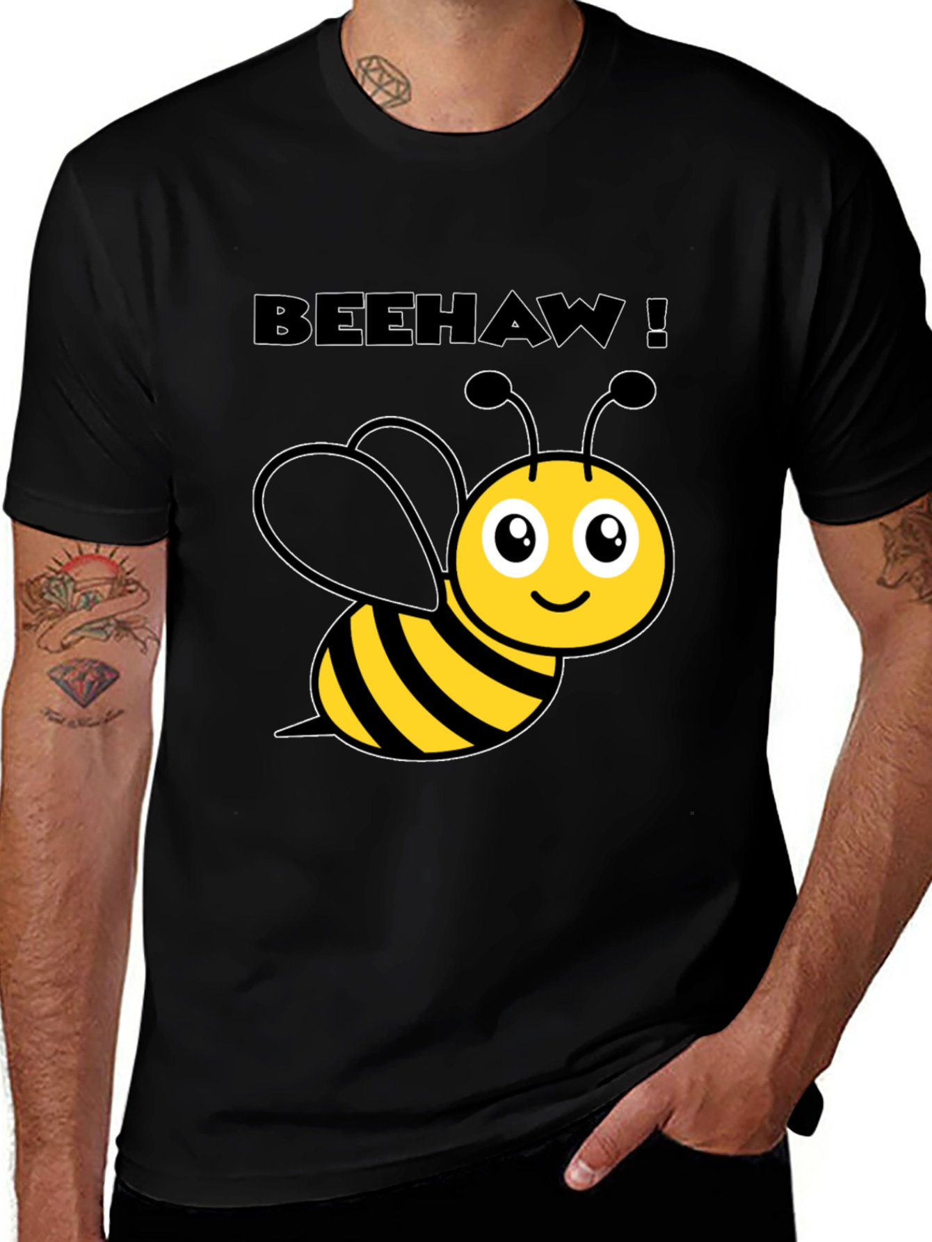 Beehaw! Cartoon Bee Graphic Black T-Shirt