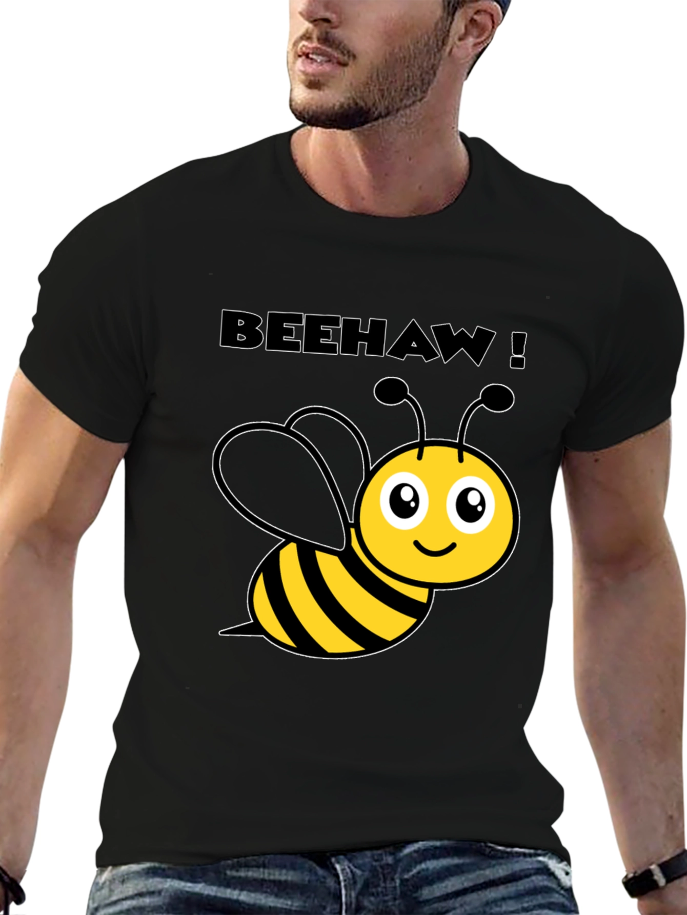 Beehaw! Cartoon Bee Graphic Black T-Shirt