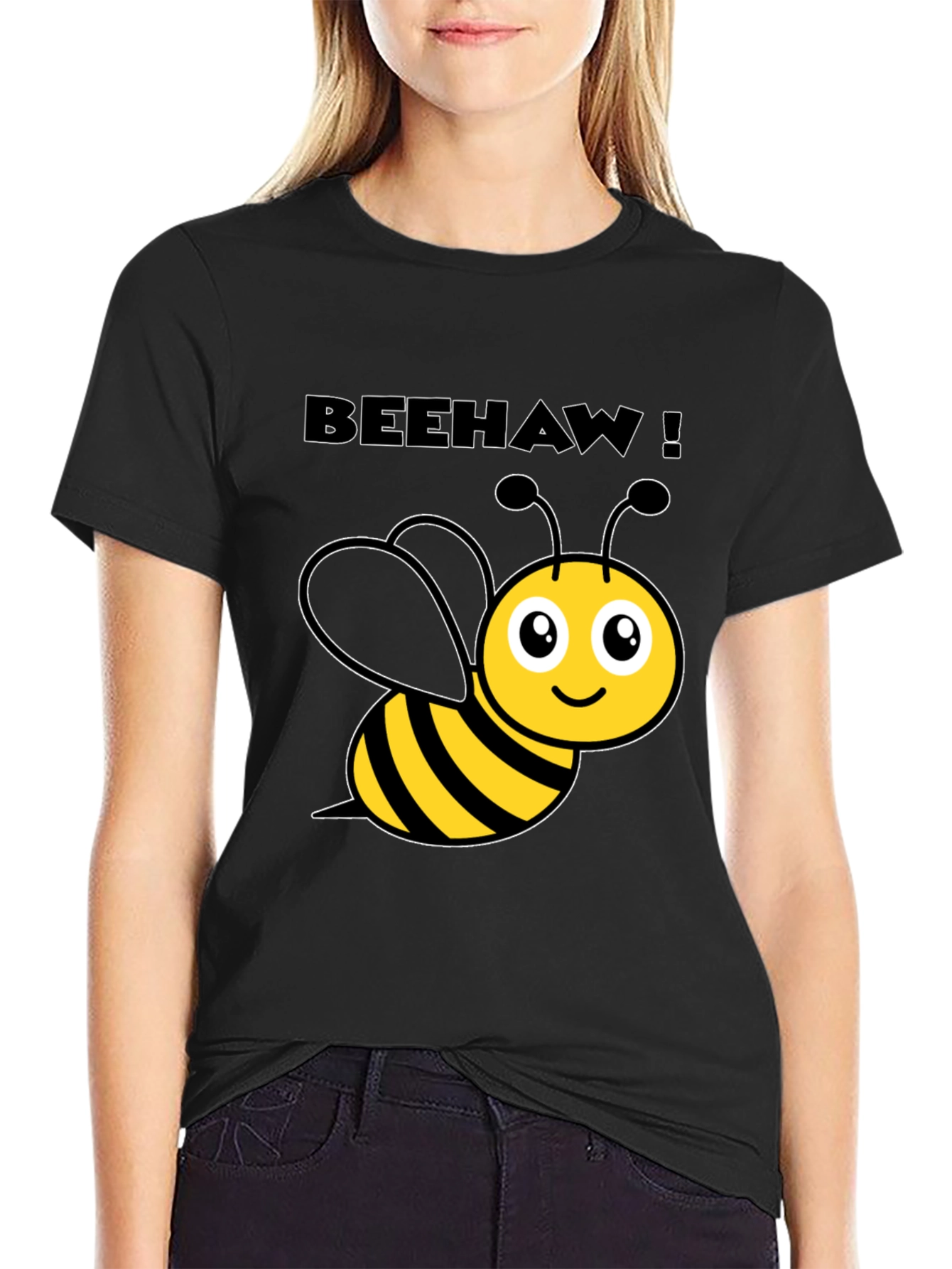 Beehaw! Cartoon Bee Graphic Black T-Shirt