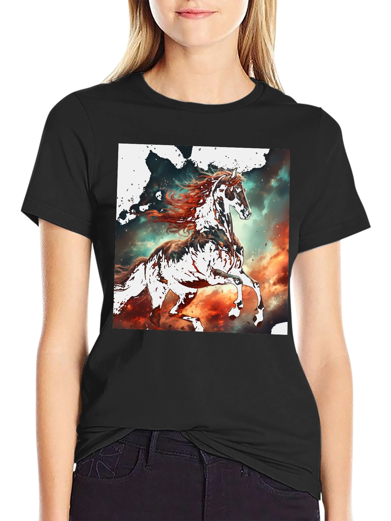 Horse Graphic Tee - Black Cotton Blend T-Shirt