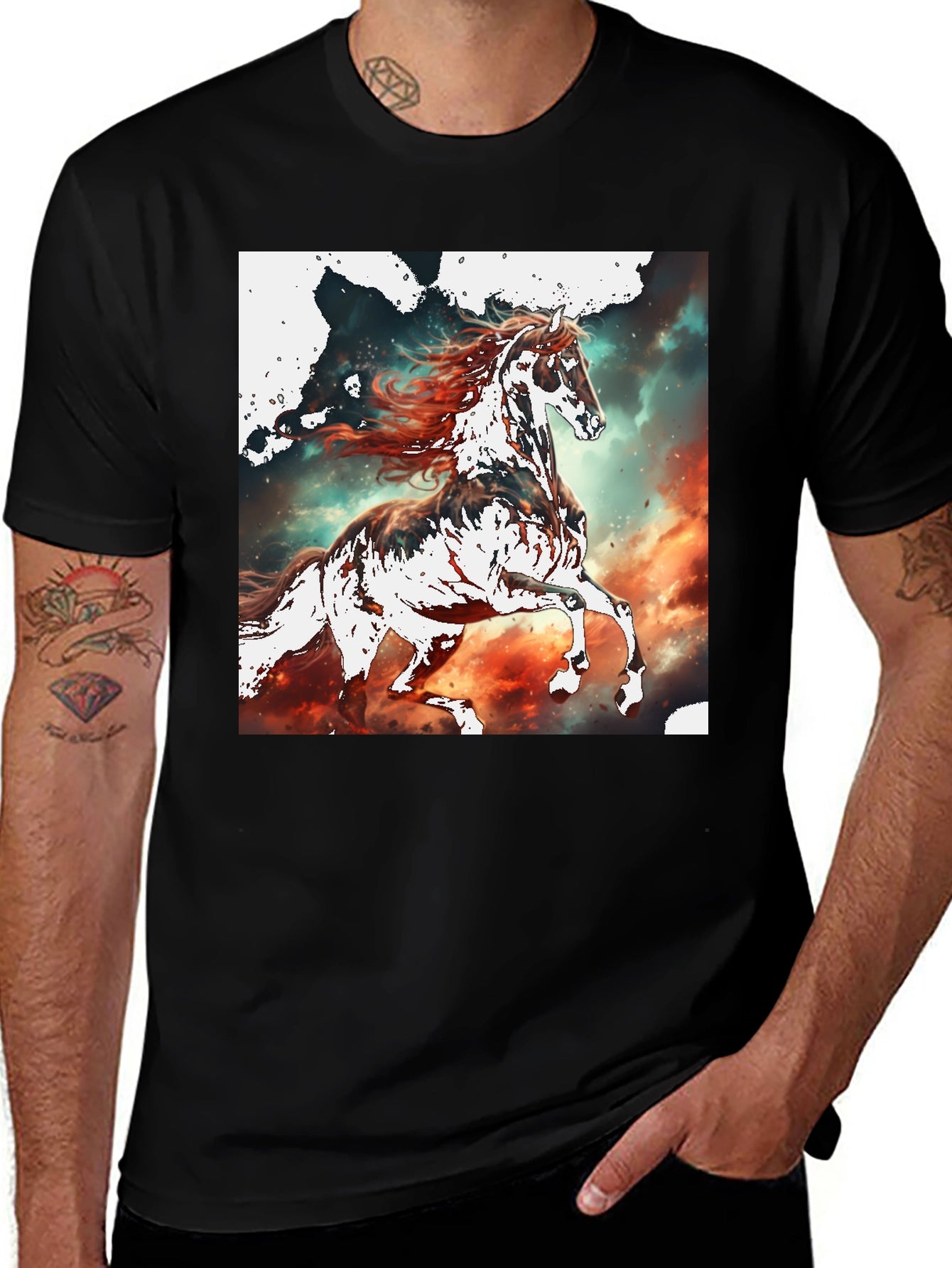 Horse Graphic Tee - Black Cotton Blend T-Shirt