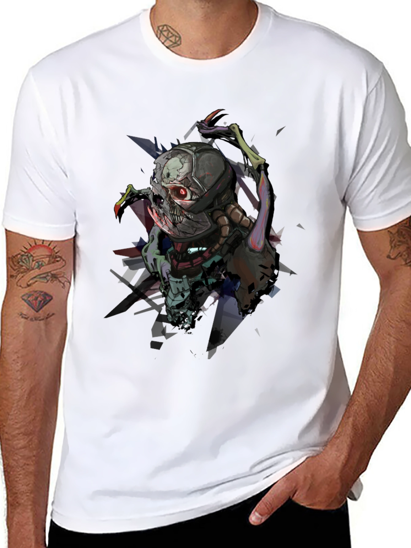 Cybernetic Skull Graphic Print Black T-Shirt