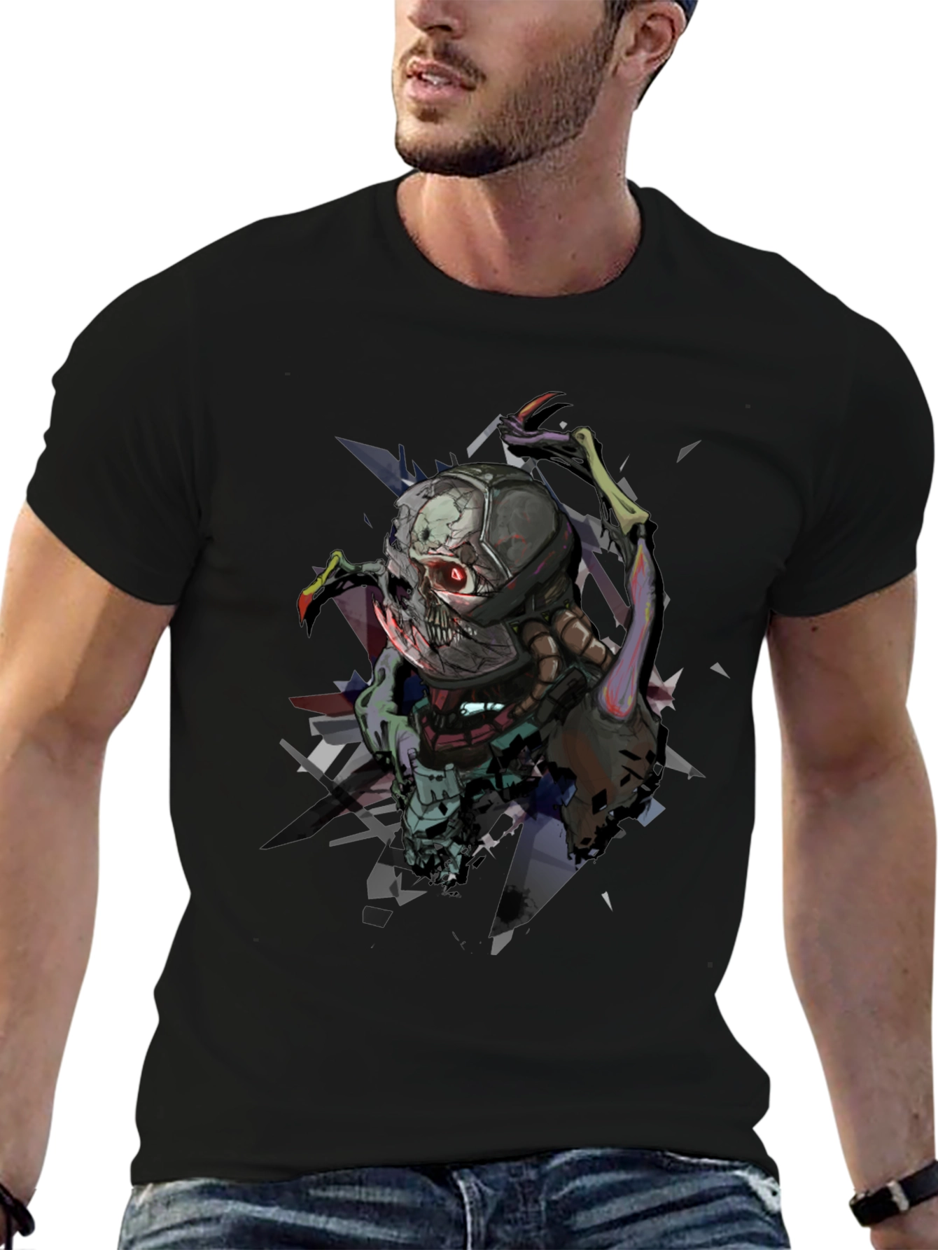 Cybernetic Skull Graphic Print Black T-Shirt