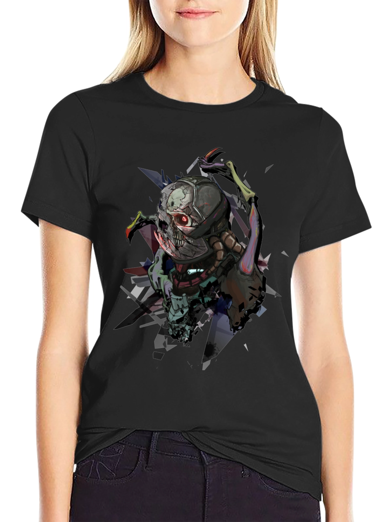 Cybernetic Skull Graphic Print Black T-Shirt
