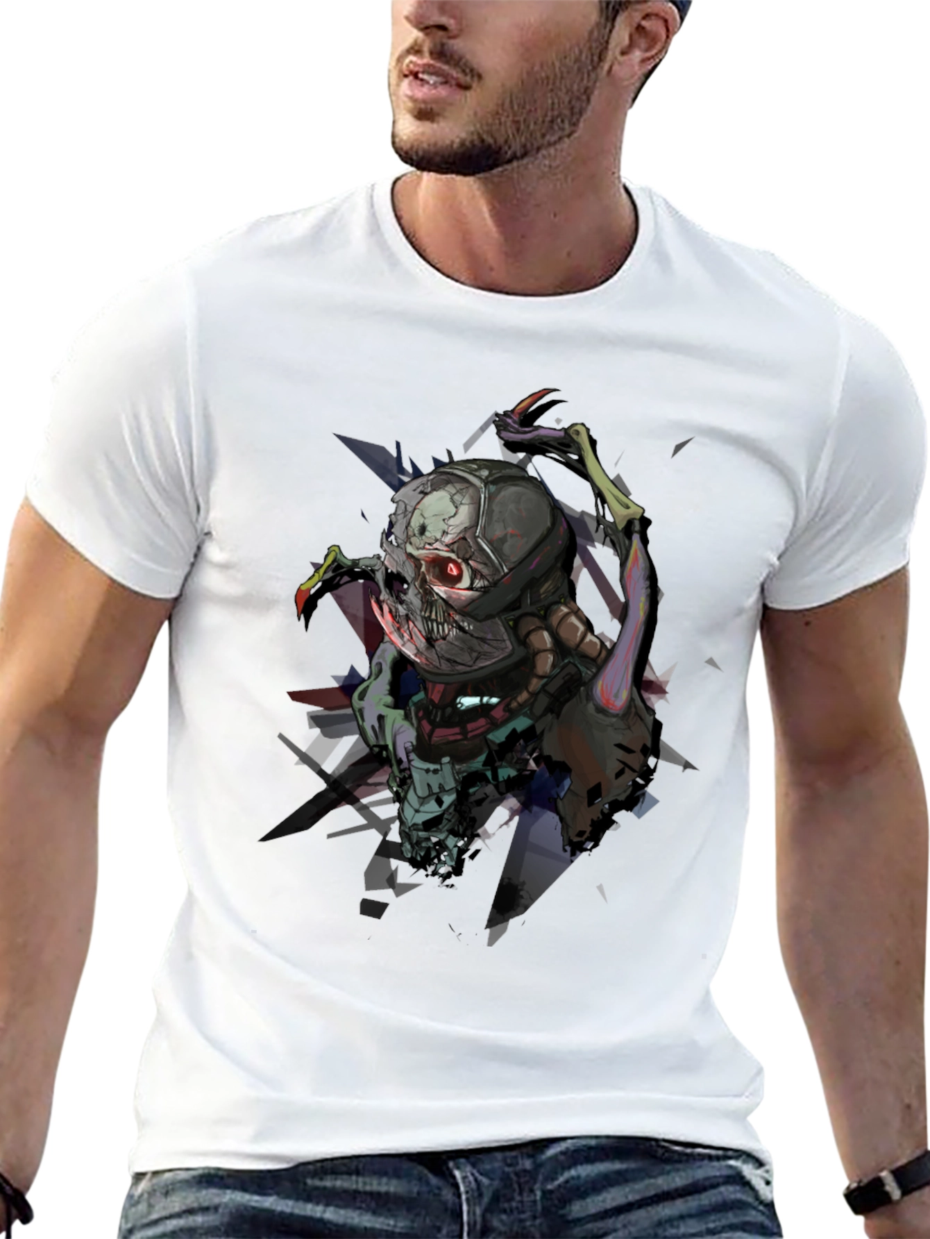 Cybernetic Skull Graphic Print Black T-Shirt