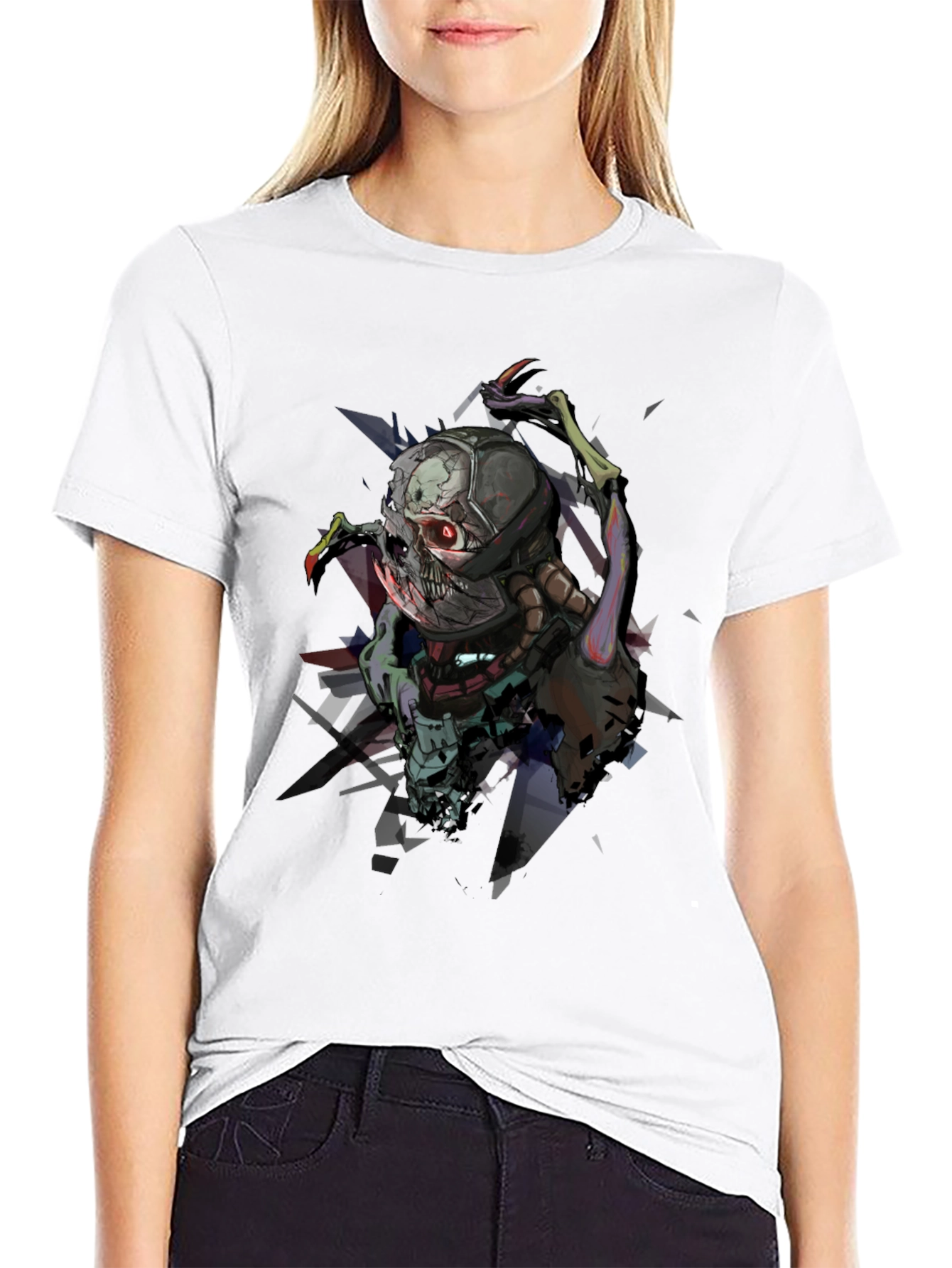 Cybernetic Skull Graphic Print Black T-Shirt