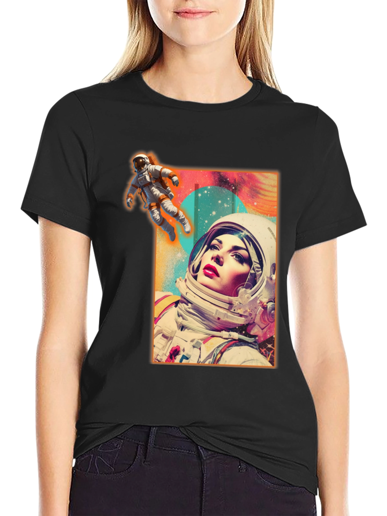 Astronaut Woman Graphic Tee - Stylish Space Design