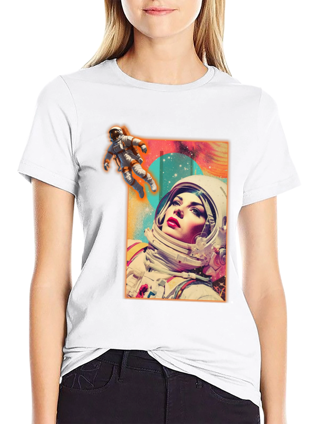 Astronaut Woman Graphic Tee - Stylish Space Design