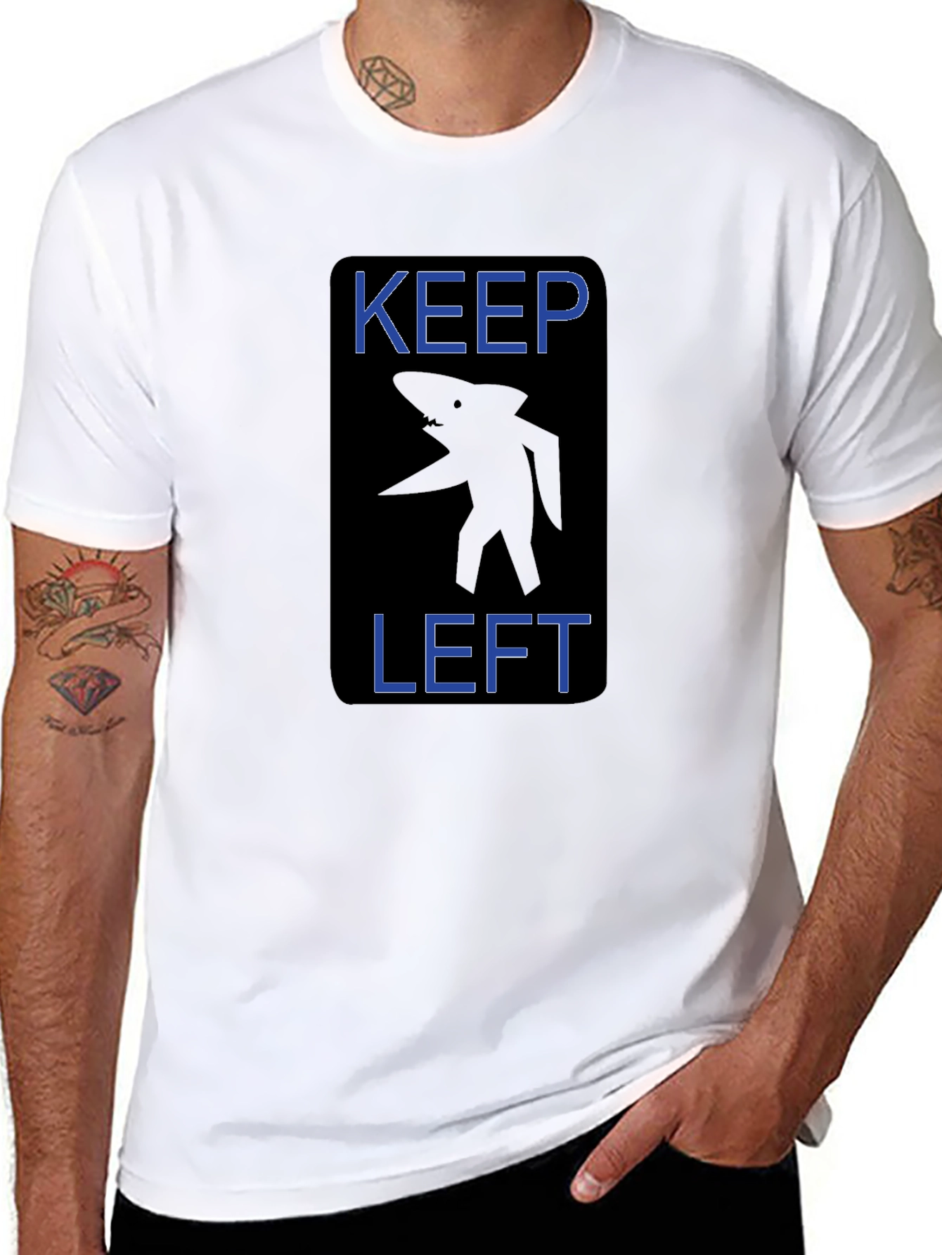 Keep Left Shark Graphic Tee - Black Cotton T-Shirt
