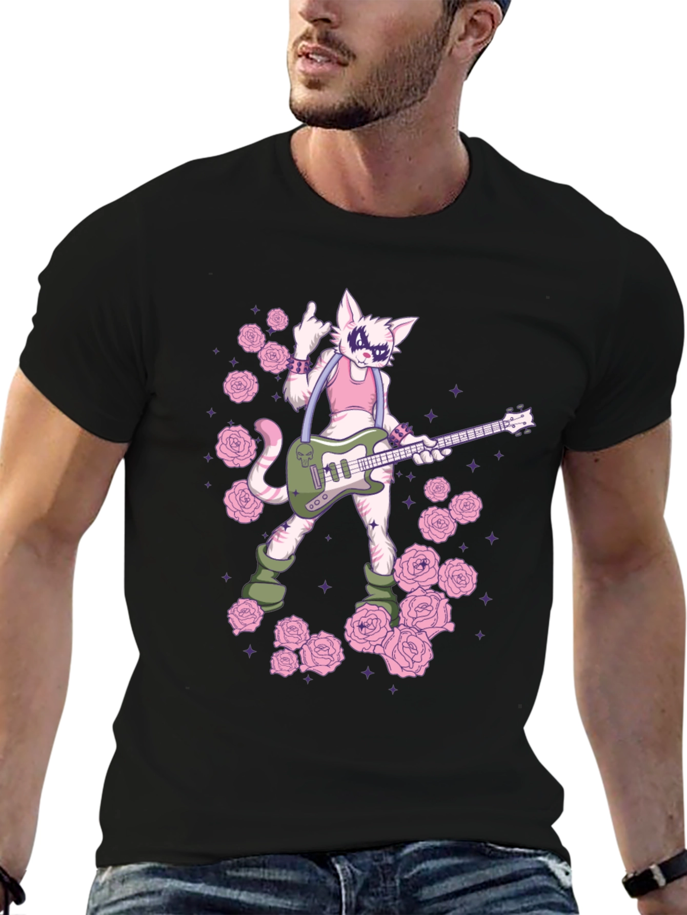 Cat Guitarist Graphic T-Shirt - Rock n Roll Style