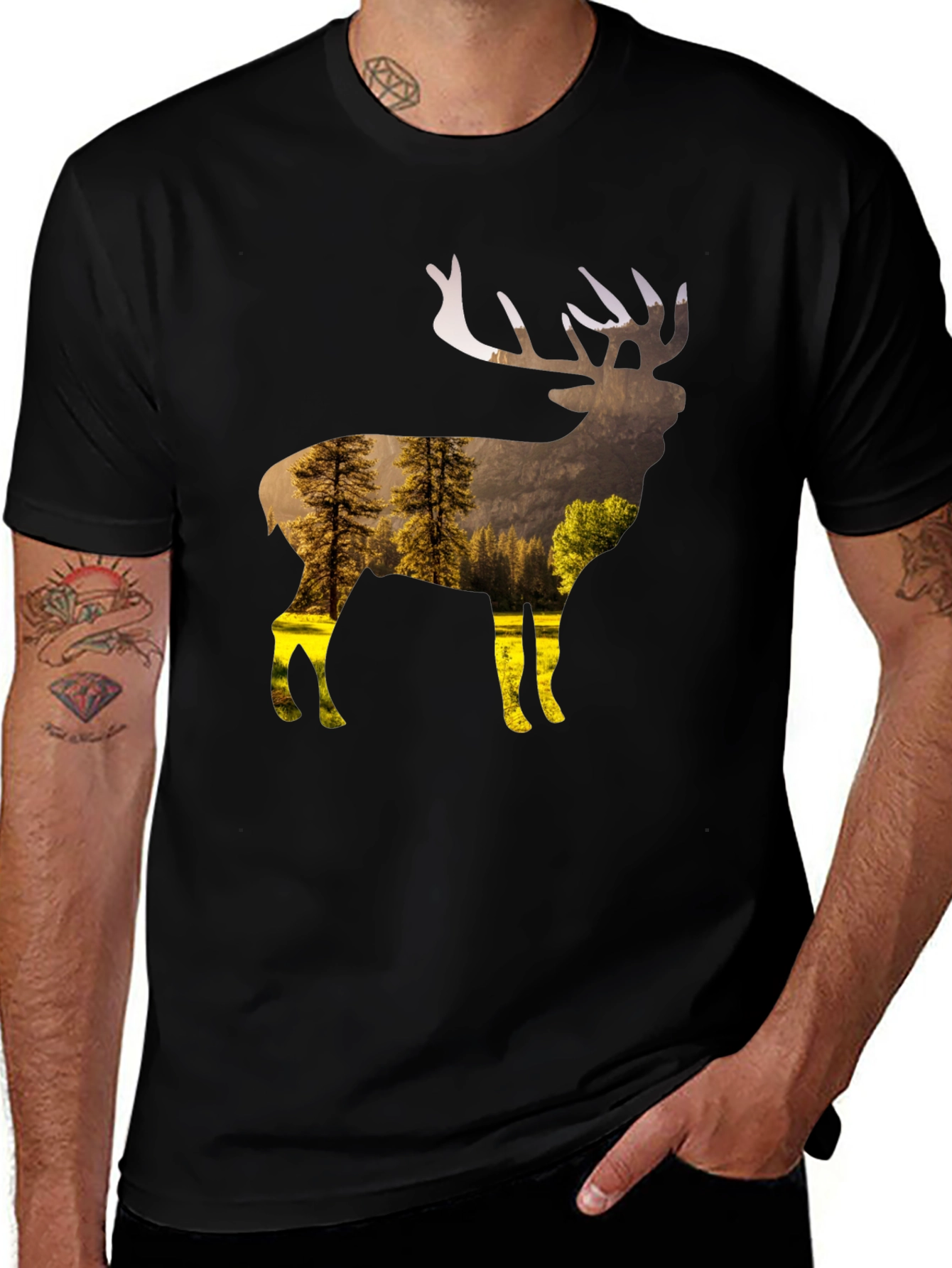 Nature Deer Graphic T-Shirt - Black