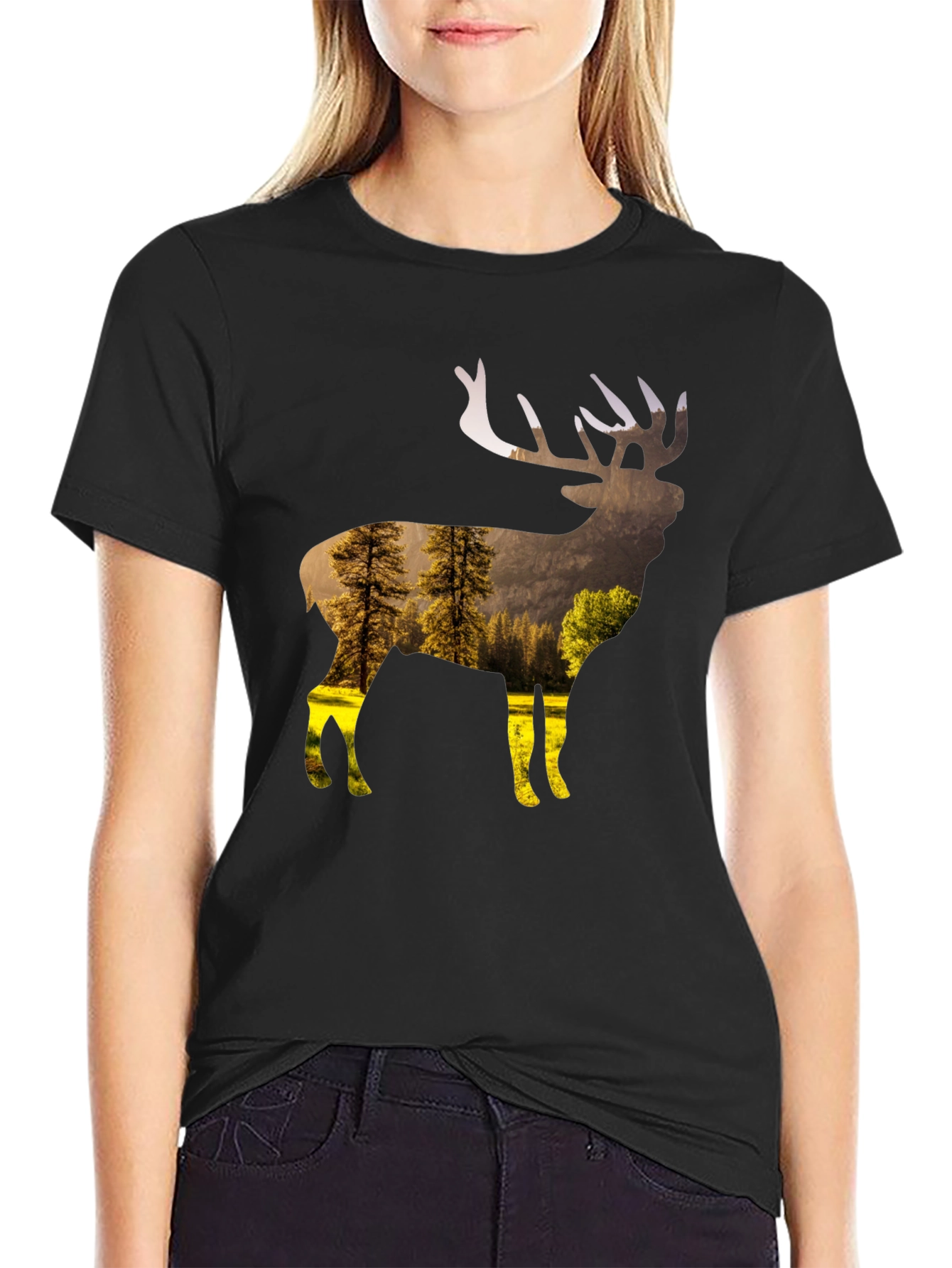 Nature Deer Graphic T-Shirt - Black
