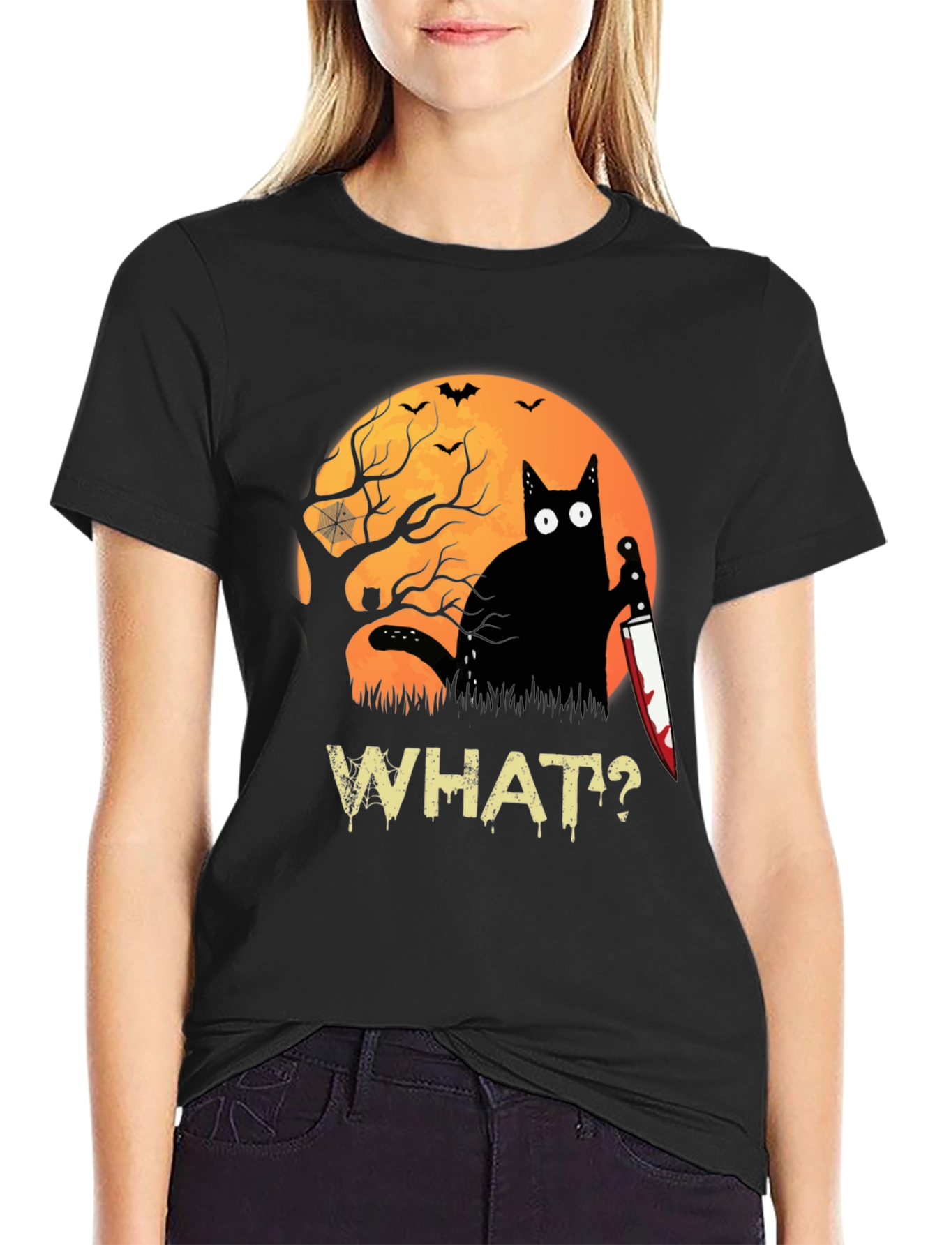 Halloween Black Cat T-Shirt - Funny Cat with Knife