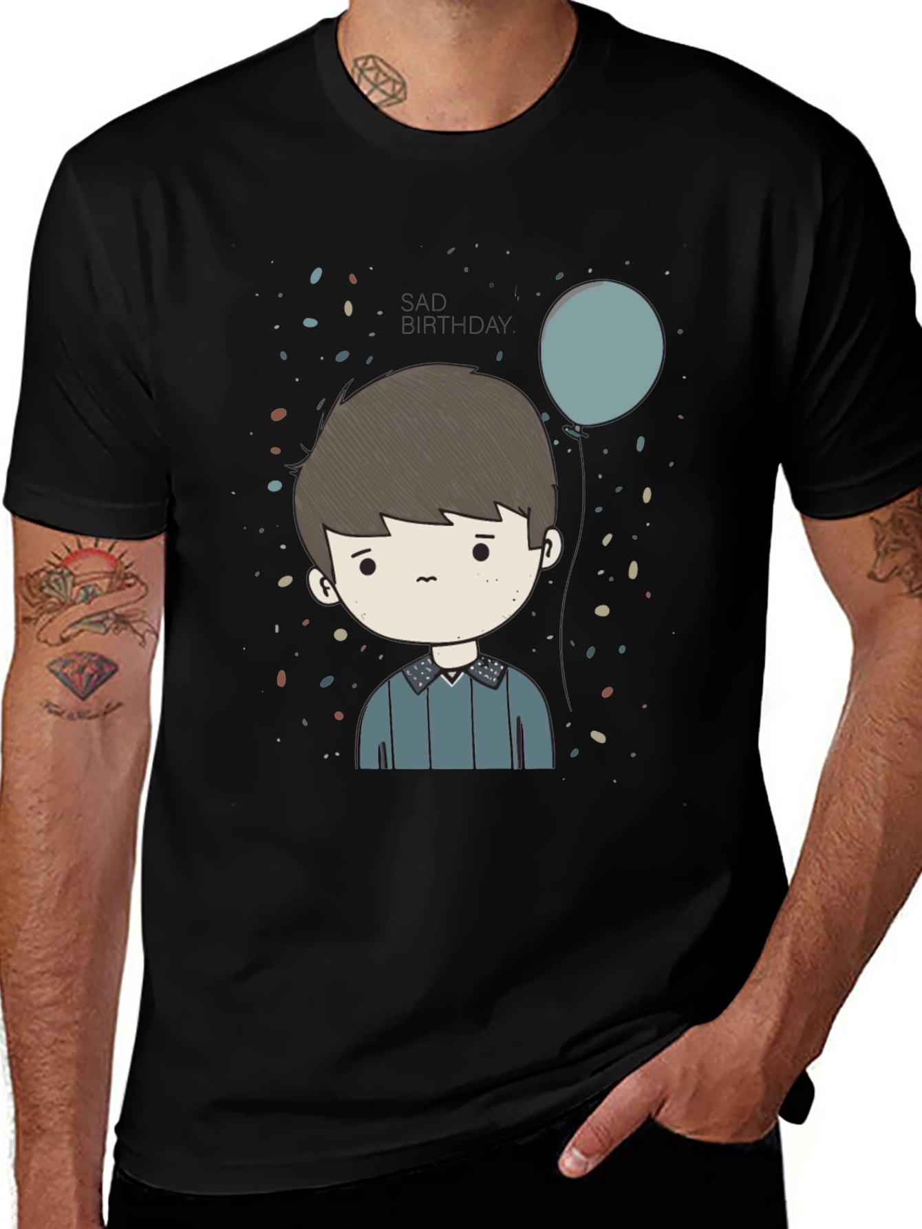 Cartoon Boy Print Black T-Shirt