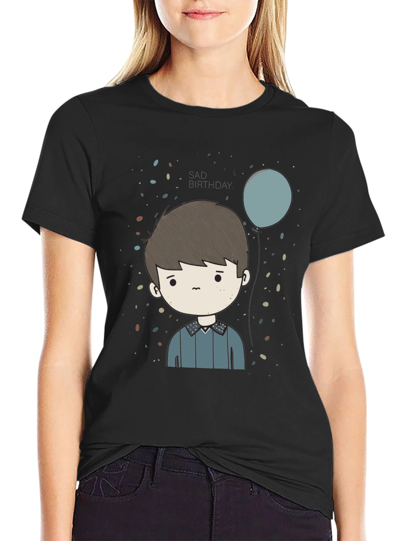 Cartoon Boy Print Black T-Shirt