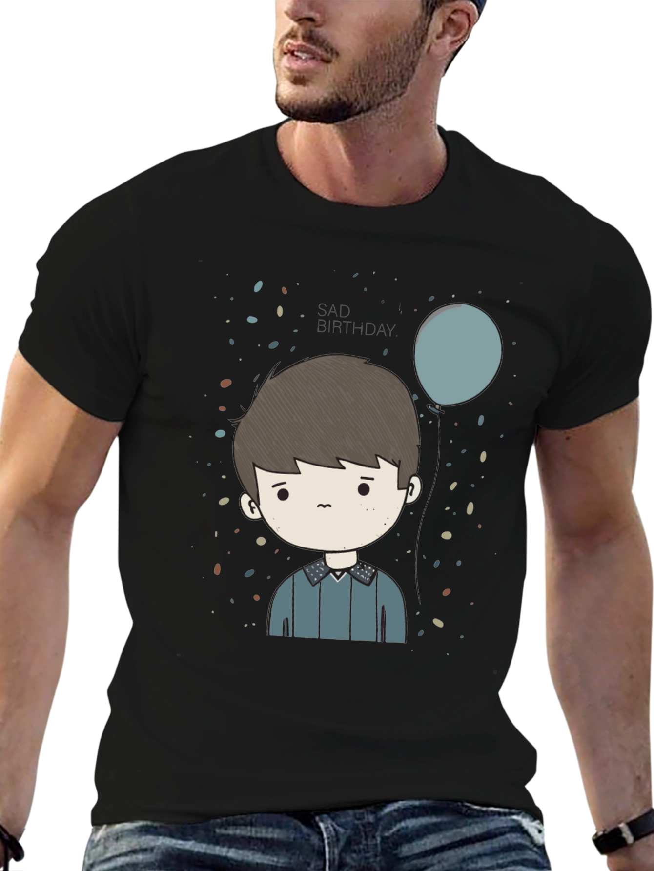 Cartoon Boy Print Black T-Shirt