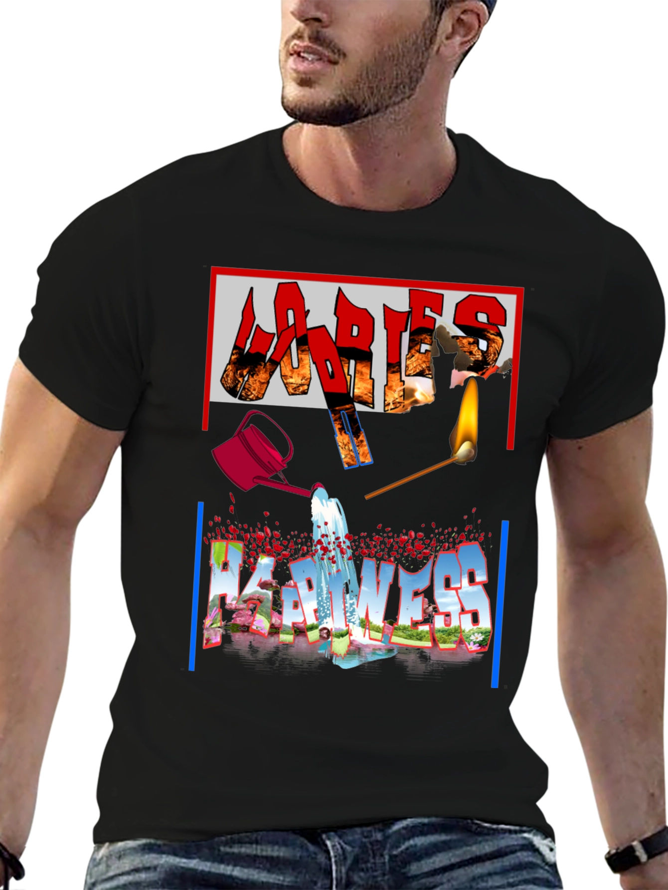 Ladies Happiness Graphic Black T-Shirt