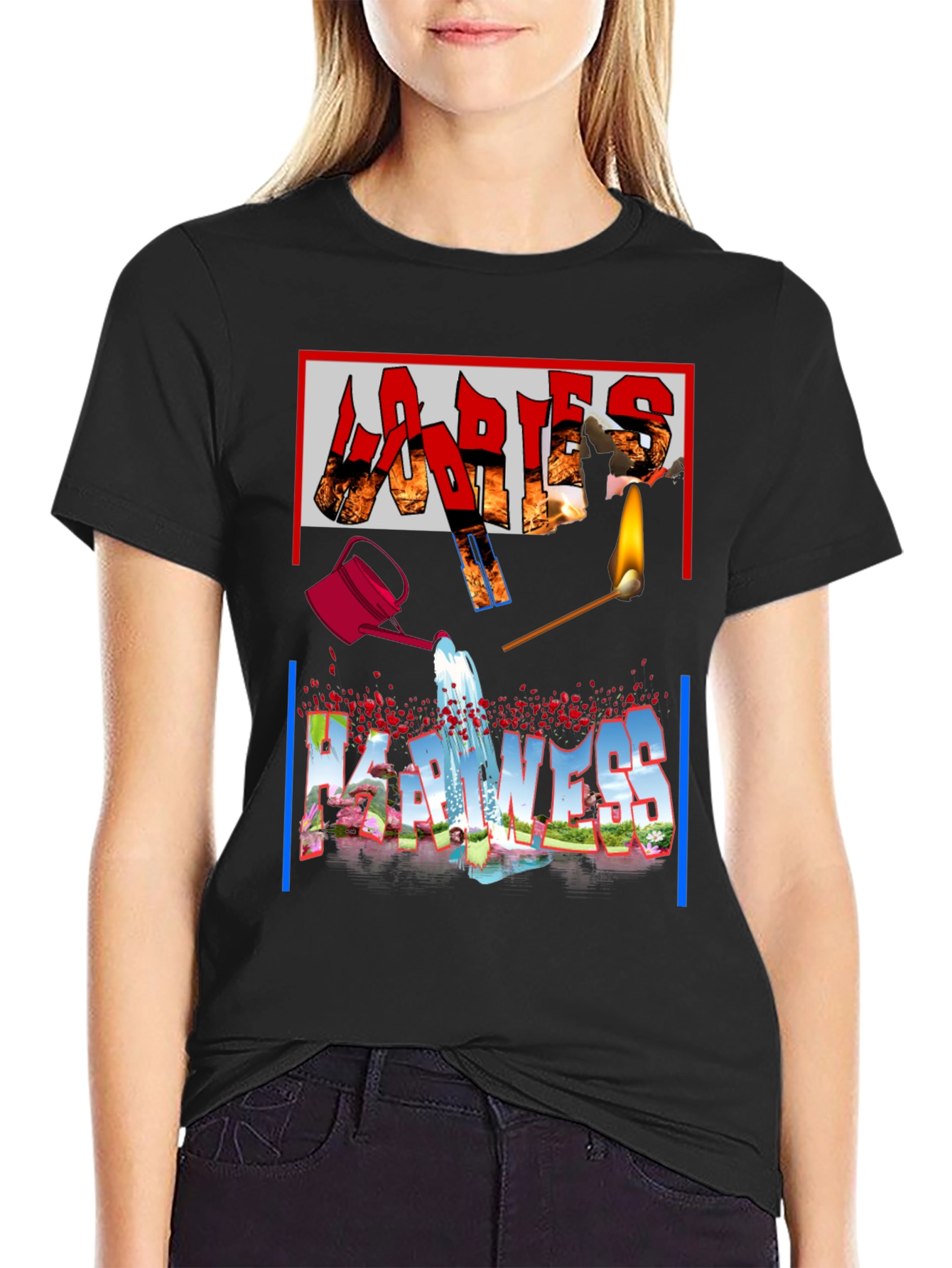 Ladies Happiness Graphic Black T-Shirt