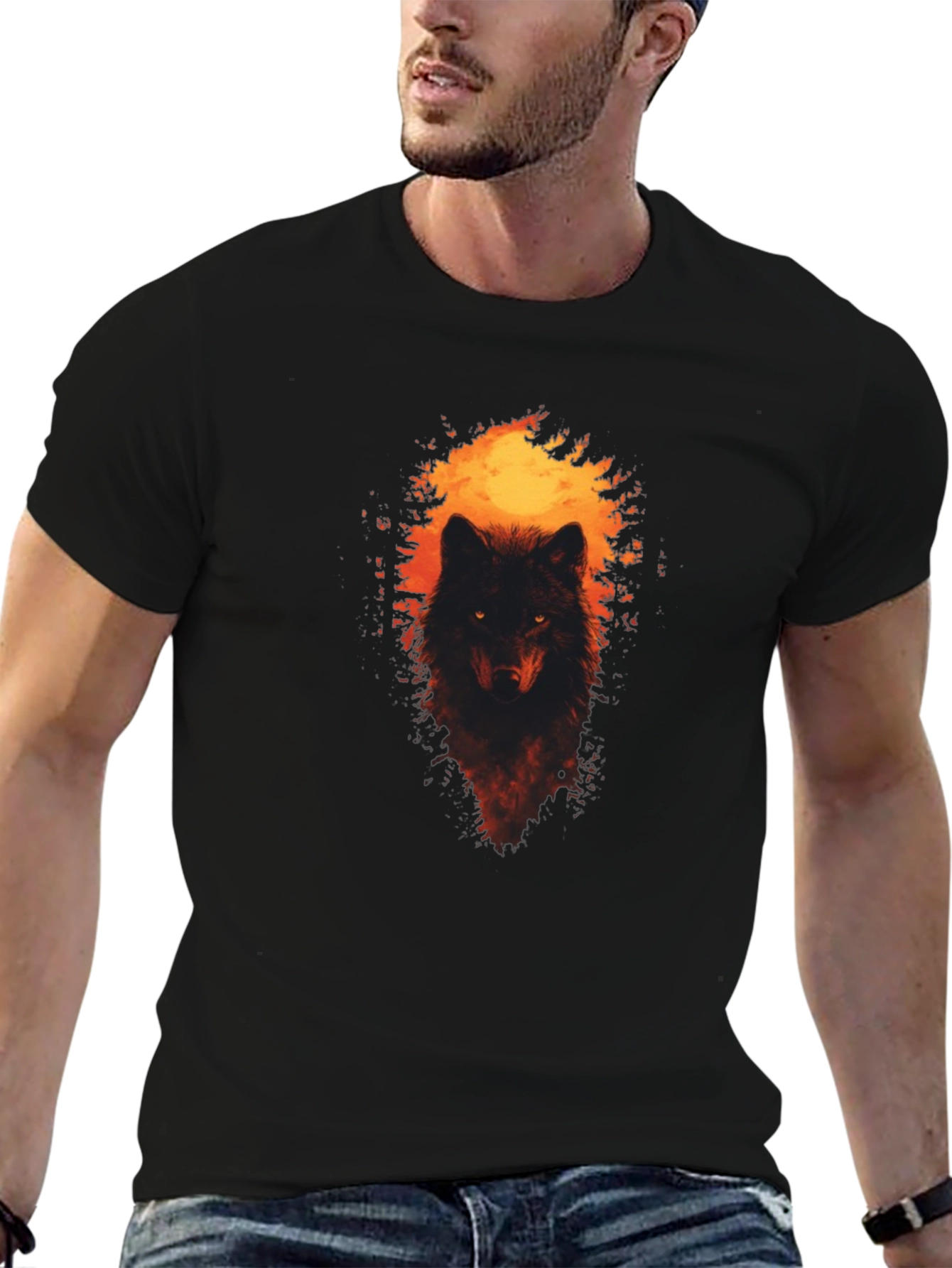 Mens Wolf Graphic Print Black T-Shirt
