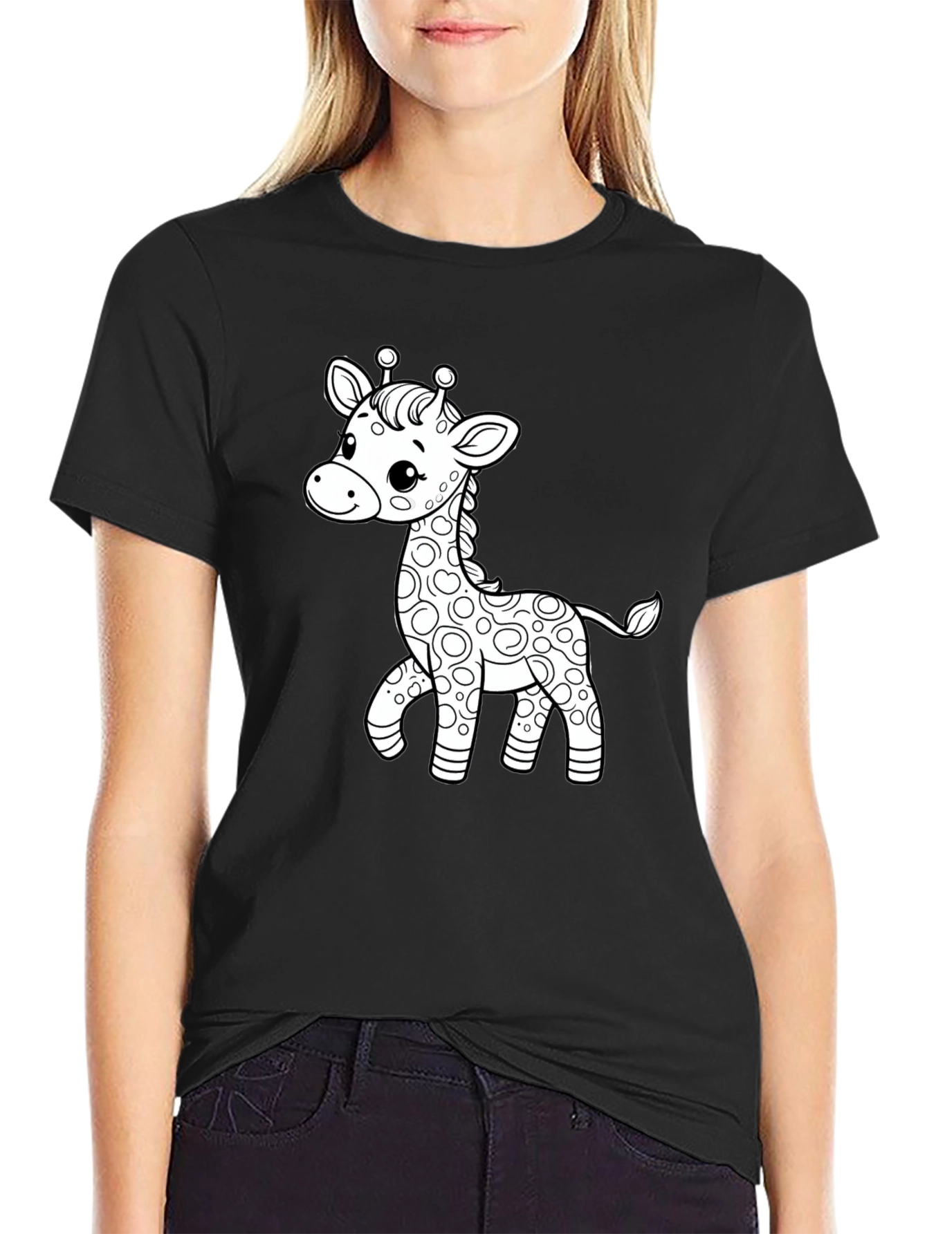 Cute Giraffe Graphic Print Black T-Shirt