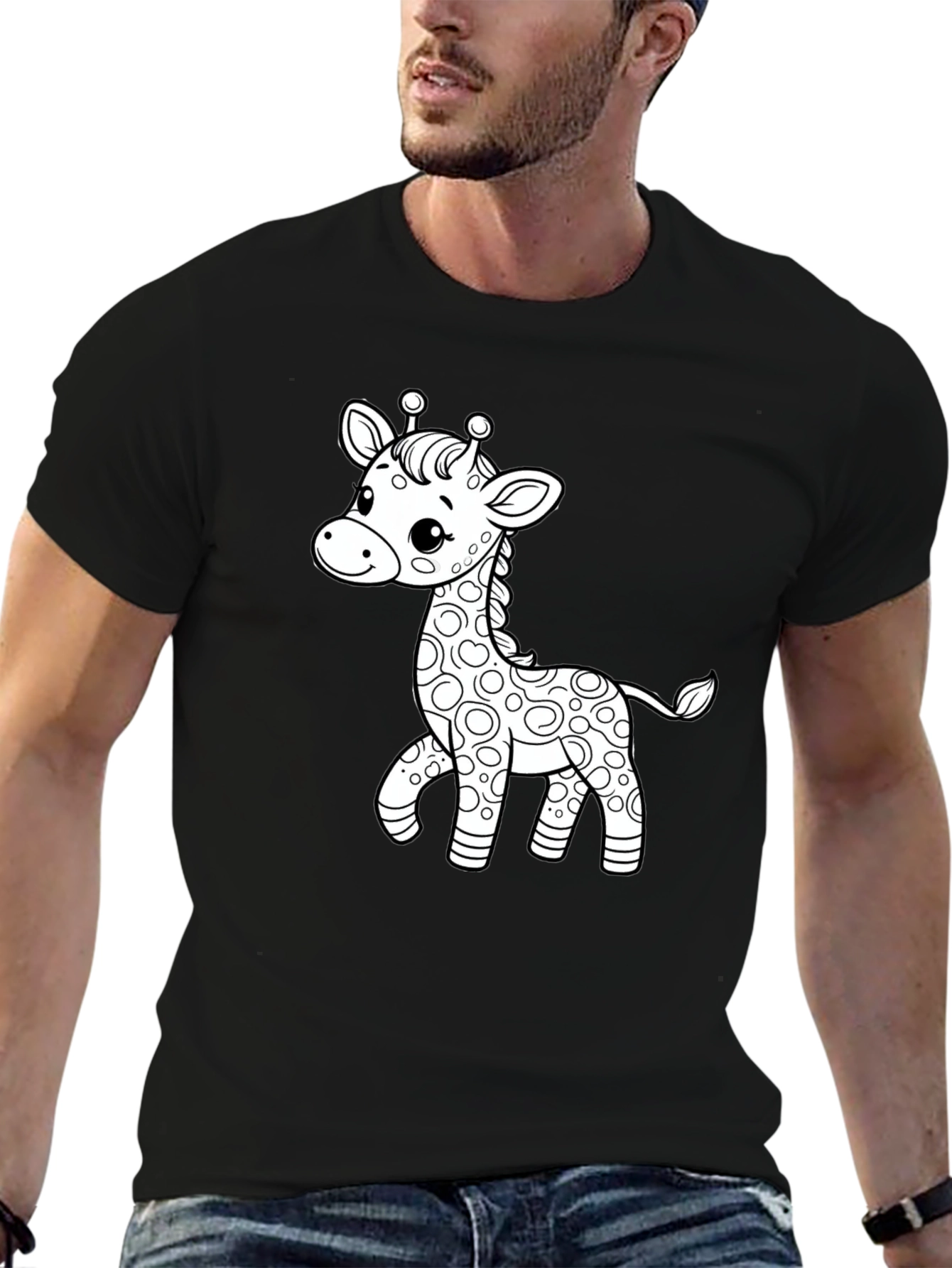 Cute Giraffe Graphic Print Black T-Shirt