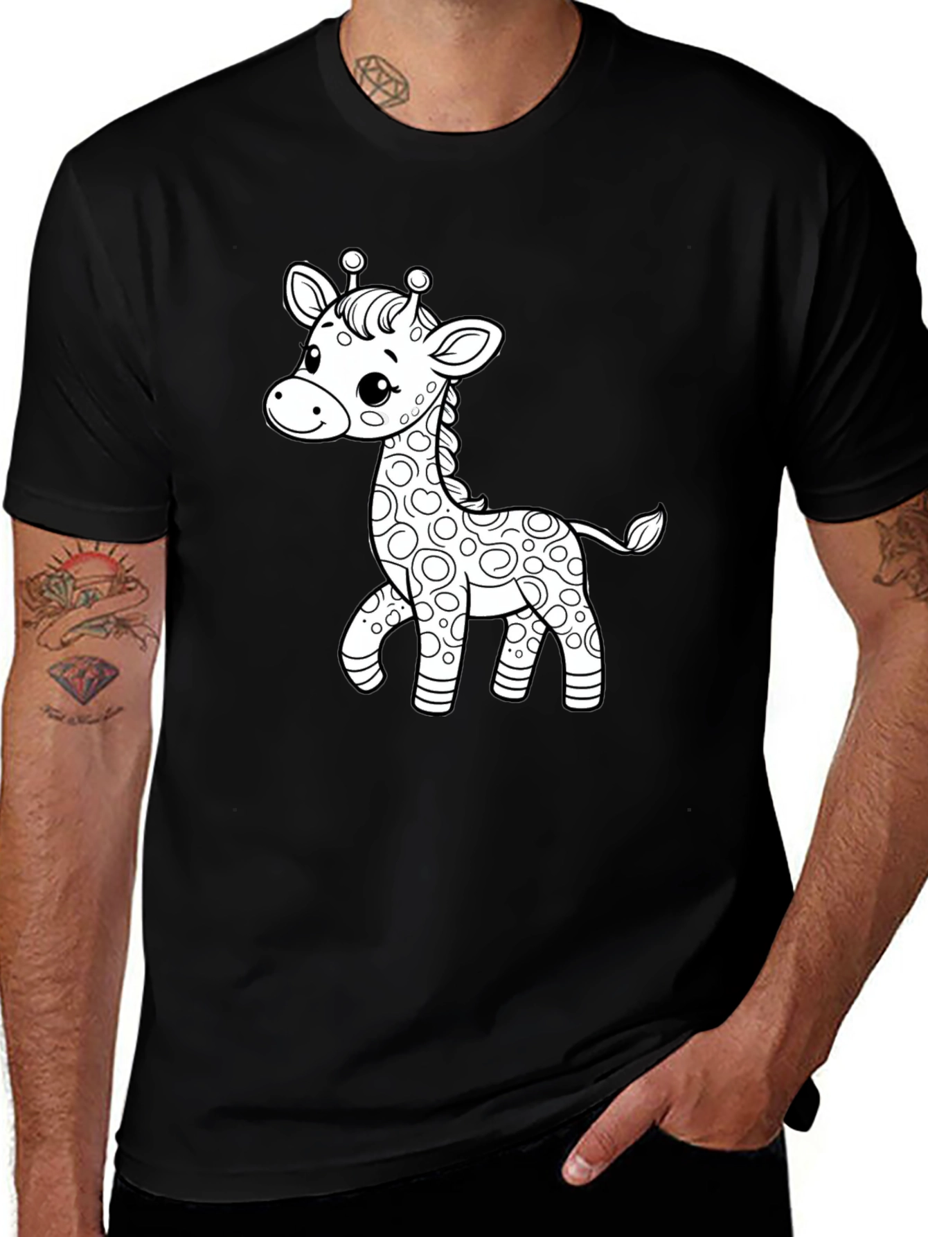 Cute Giraffe Graphic Print Black T-Shirt