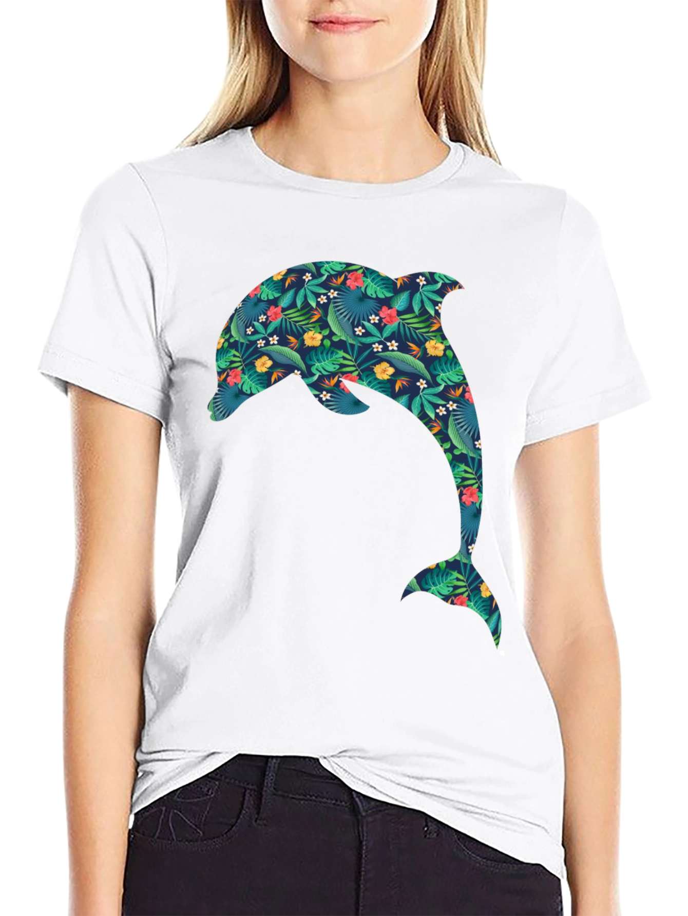 Tropical Dolphin Graphic Black T-Shirt