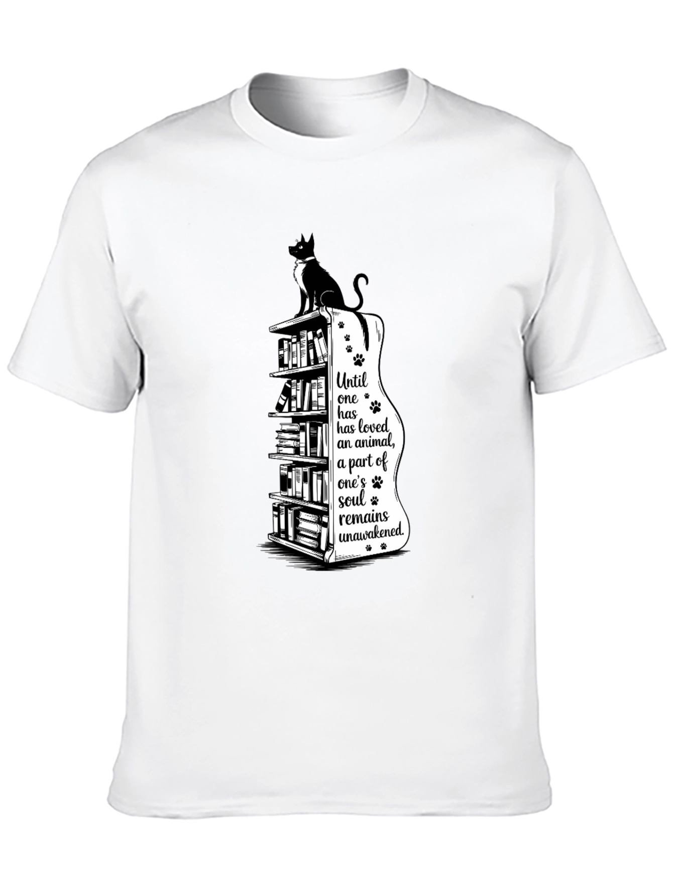 Cat Lovers T-Shirt: Bookcase & Soul Quote