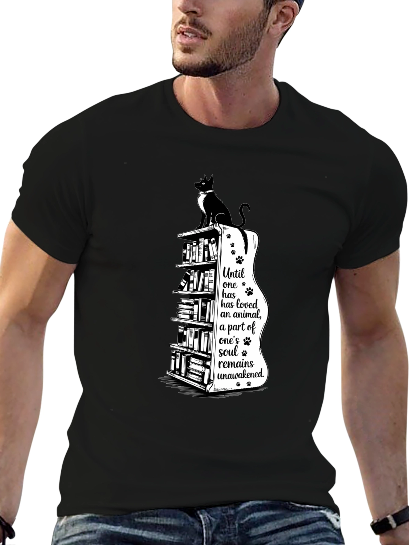 Cat Lovers T-Shirt: Bookcase & Soul Quote