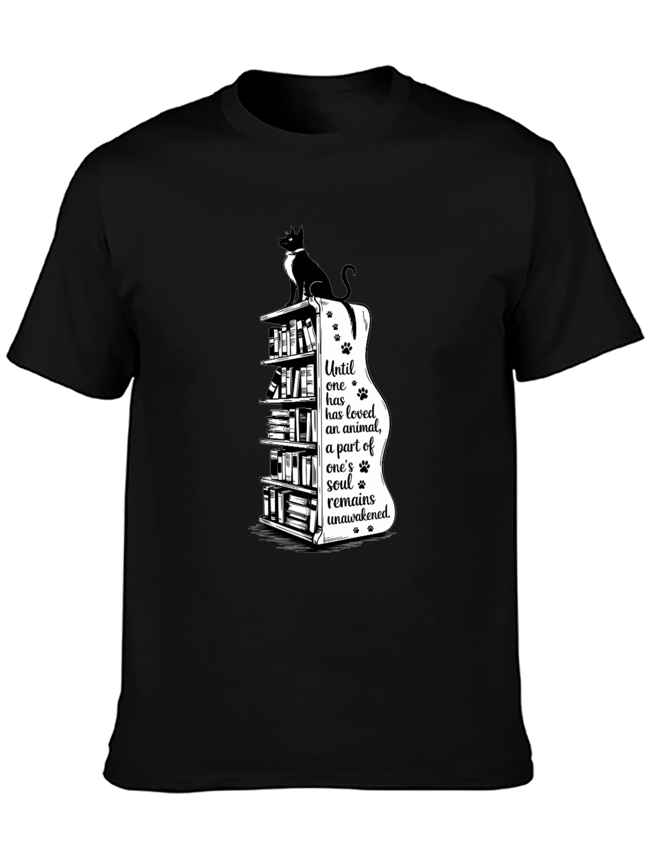 Cat Lovers T-Shirt: Bookcase & Soul Quote