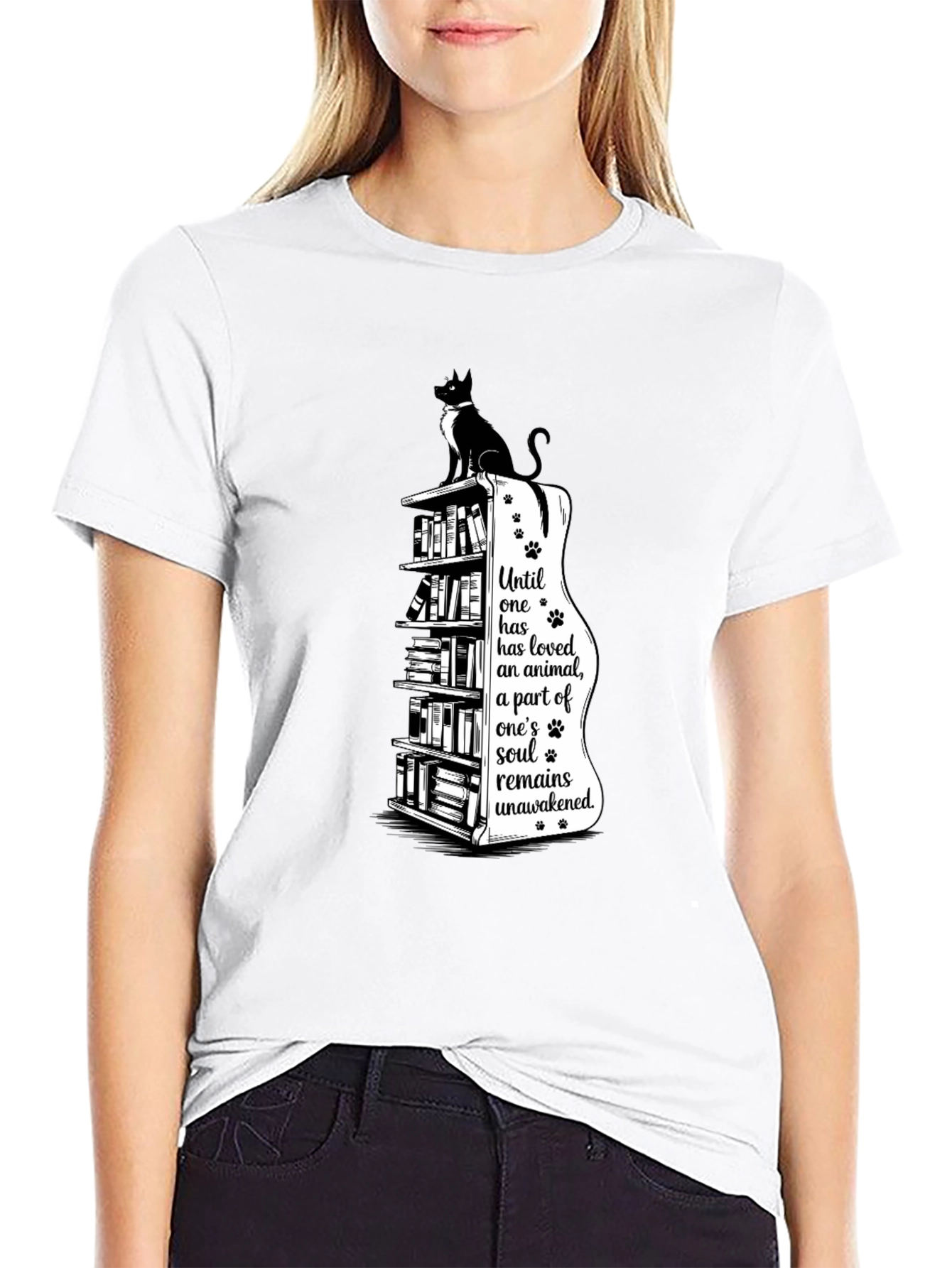 Cat Lovers T-Shirt: Bookcase & Soul Quote