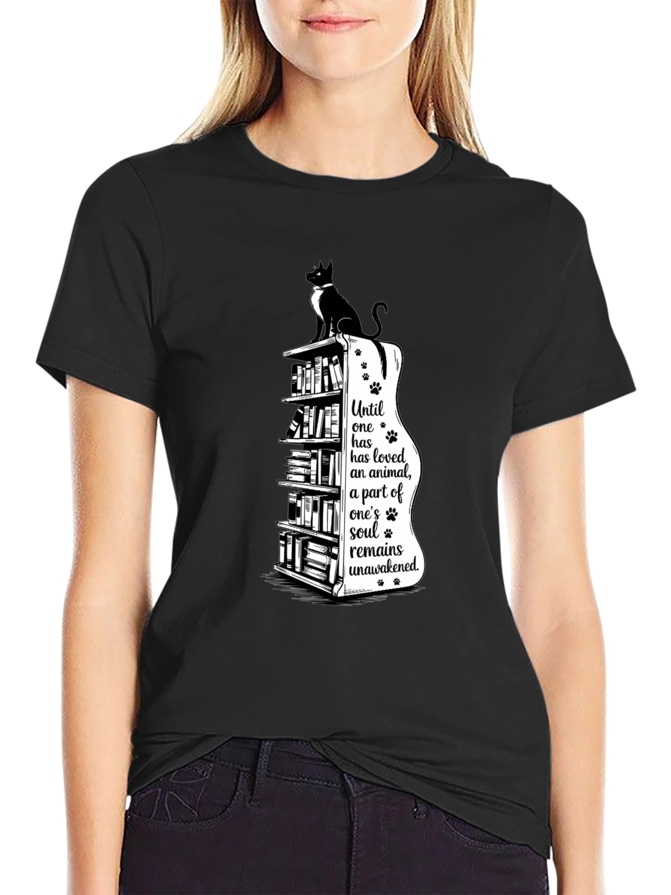 Cat Lovers T-Shirt: Bookcase & Soul Quote